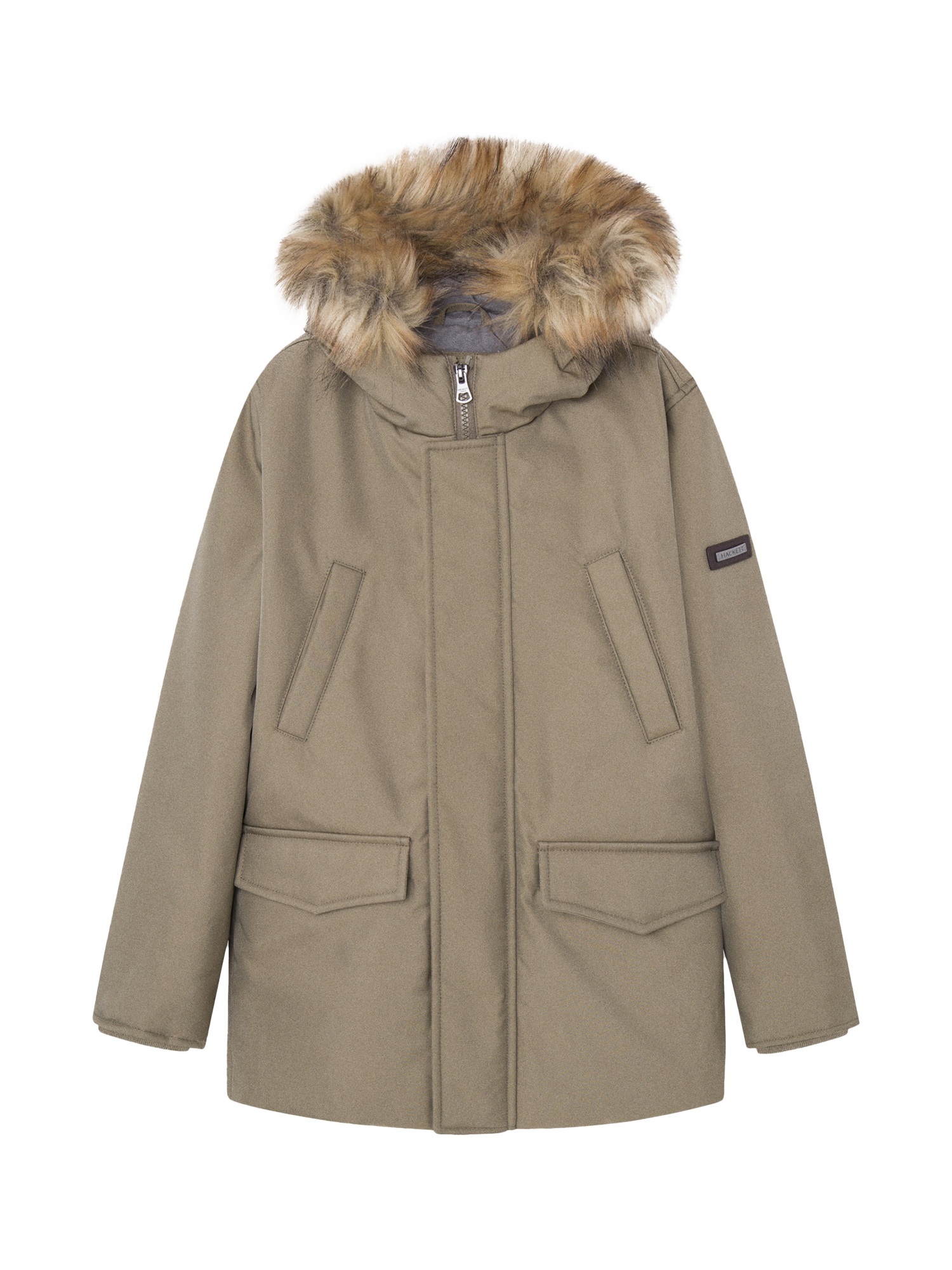 Hackett London Kids' Faux Fur Trim Hooded Parka, Taupe