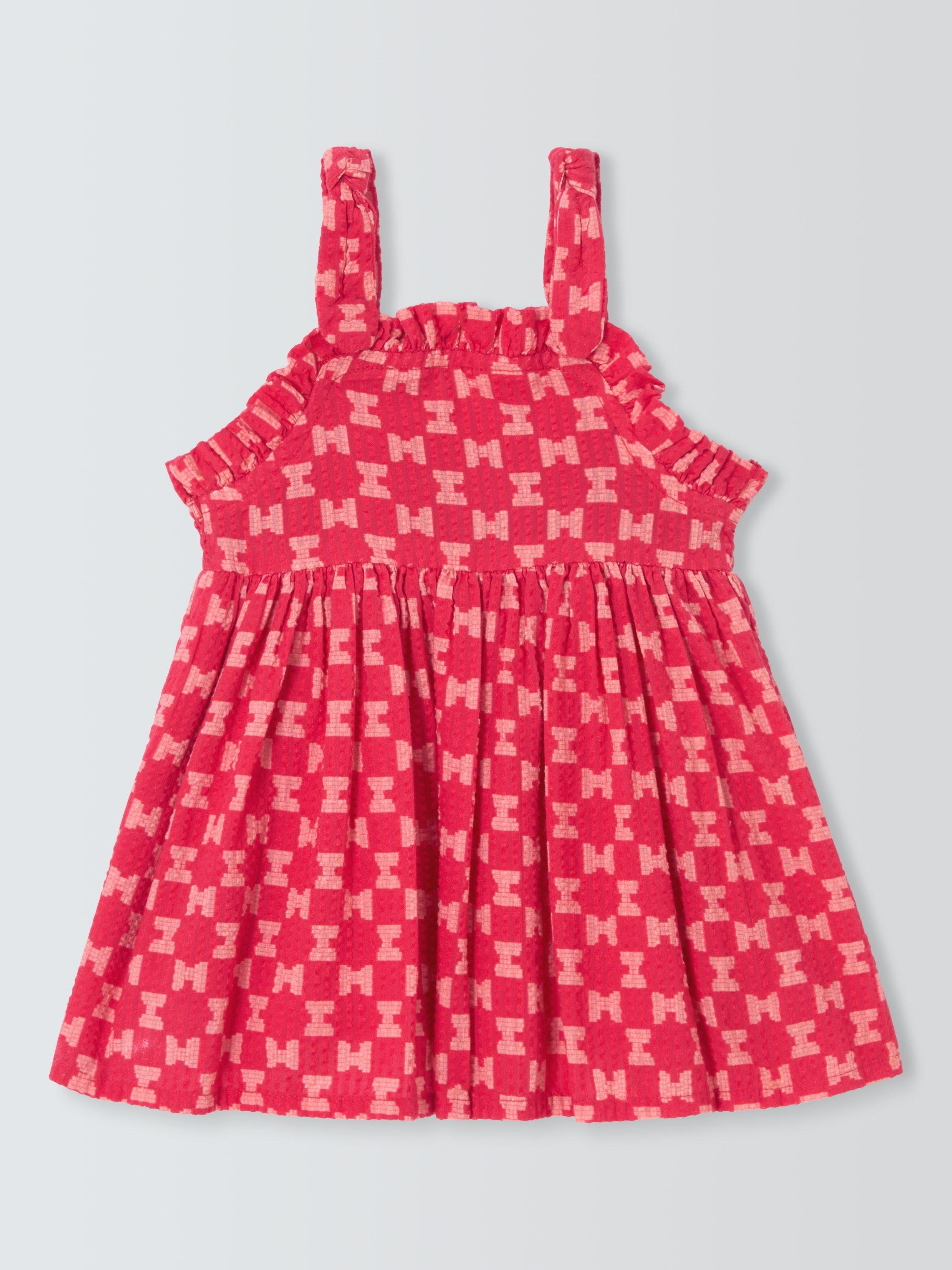 Product image 1 of 3, which shows John Lewis Baby Crinkle Geometric Dress, Red, 0-3 months