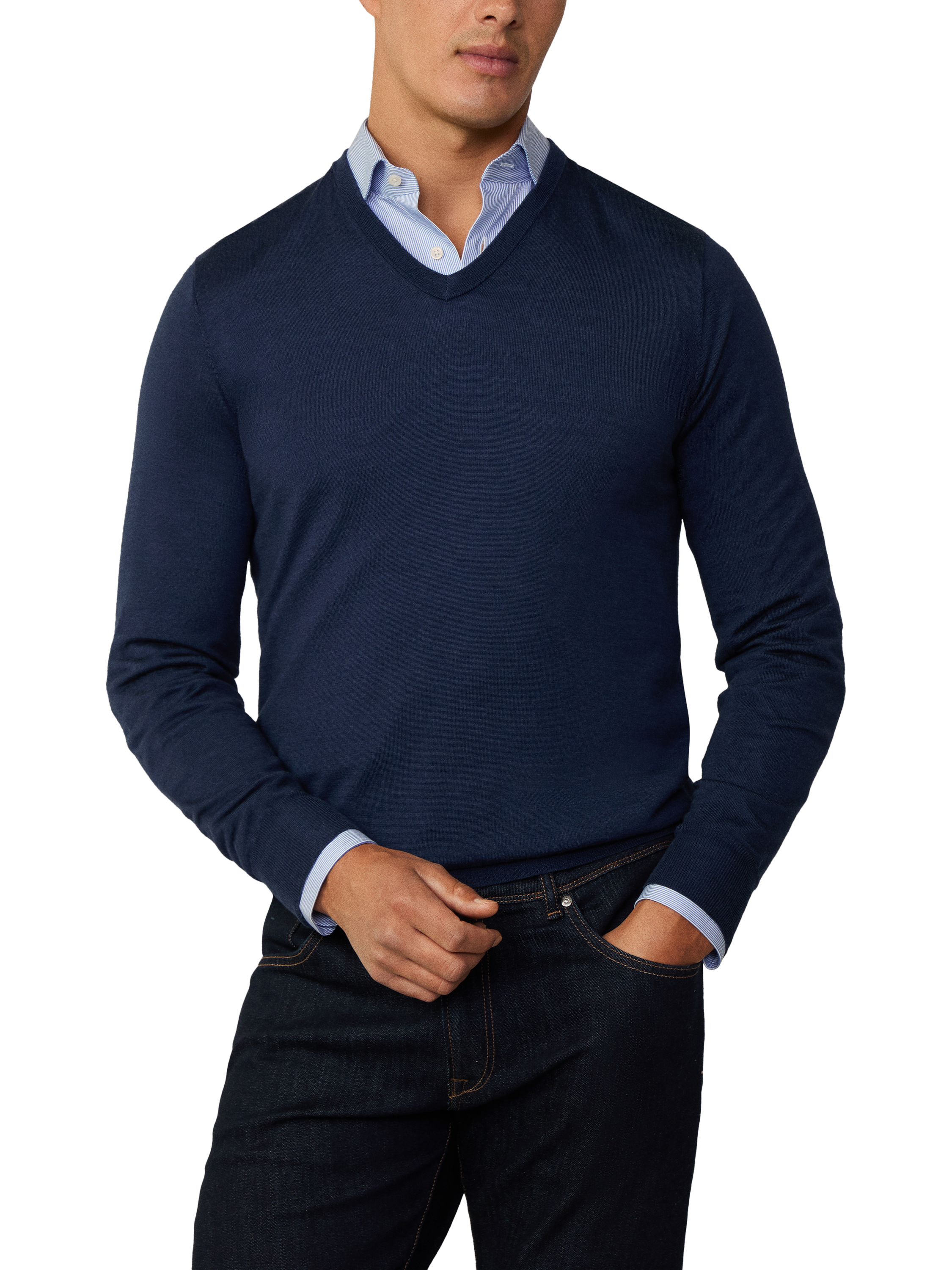 Product image 2 of 6, which shows Hackett London Merino Wool Silk V-Neck Jumper, Navy, XXXL