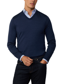 Hackett London Merino Wool Silk V-Neck Jumper, Navy - view 2, Navy