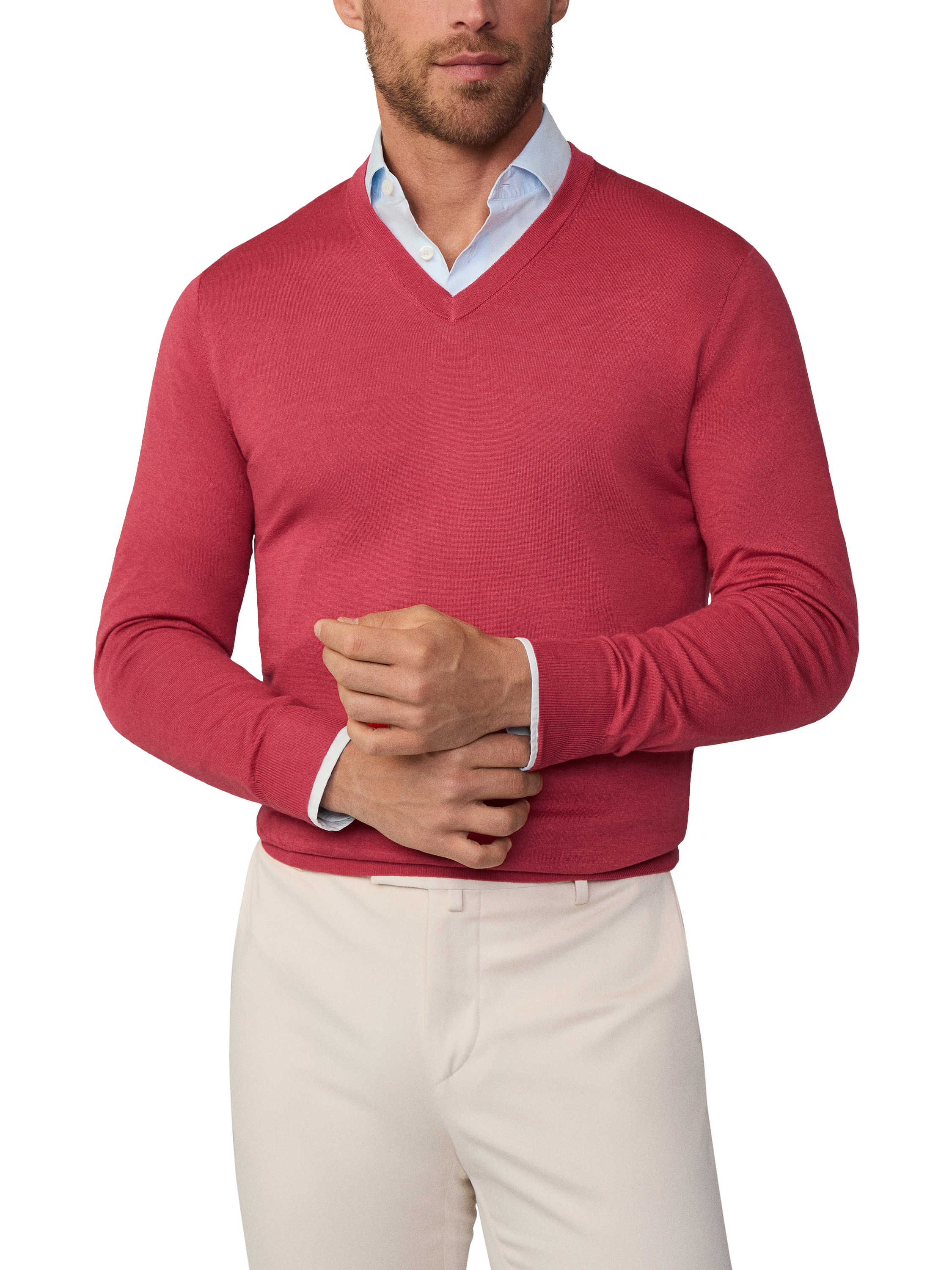 Product image 1 of 7, which shows Hackett London Merino Wool Silk V-Neck Jumper, Summer Red, S