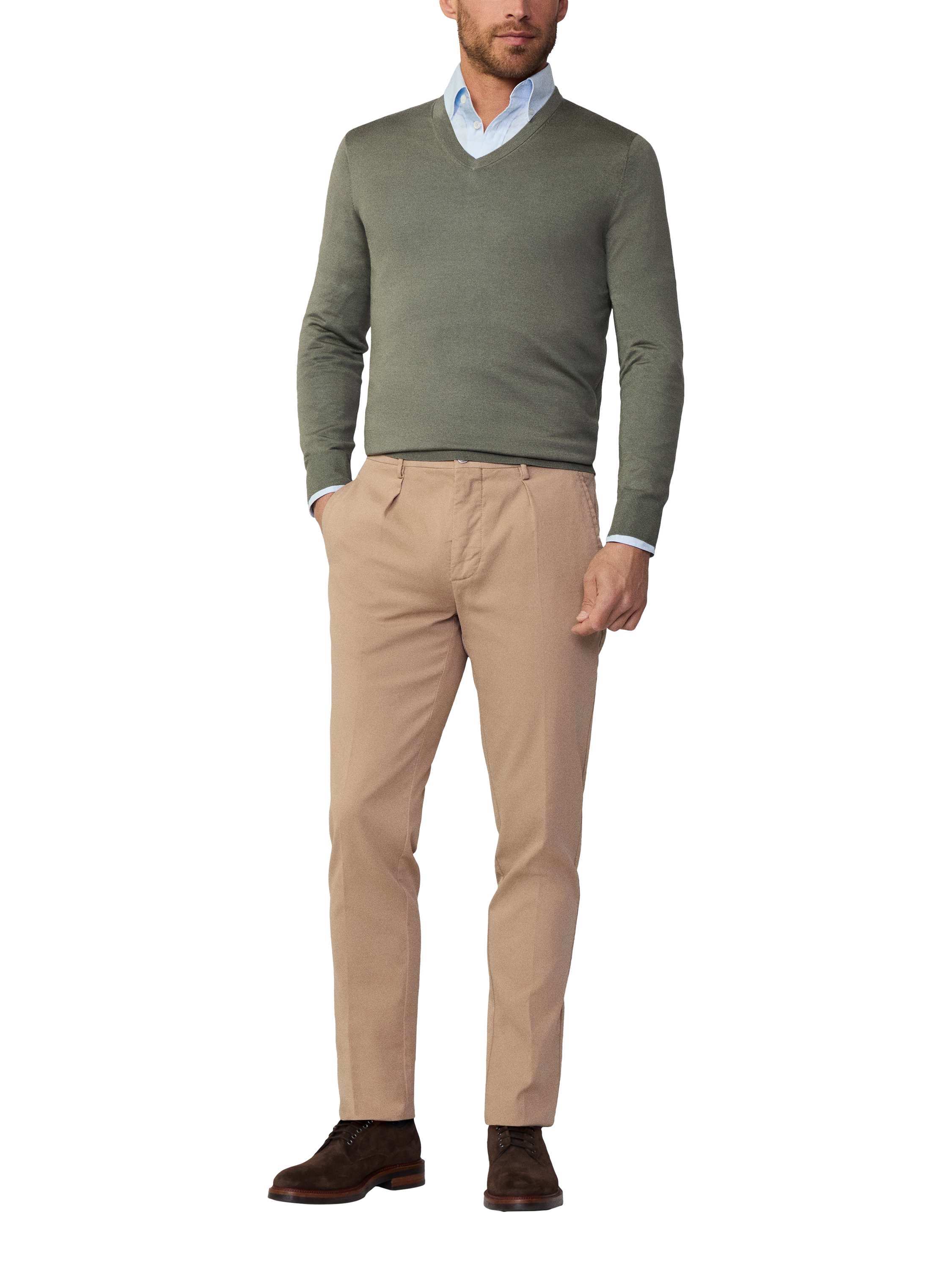 Product image 1 of 6, which shows Hackett London Merino Wool Silk V-Neck Jumper, Myrtle Green, S