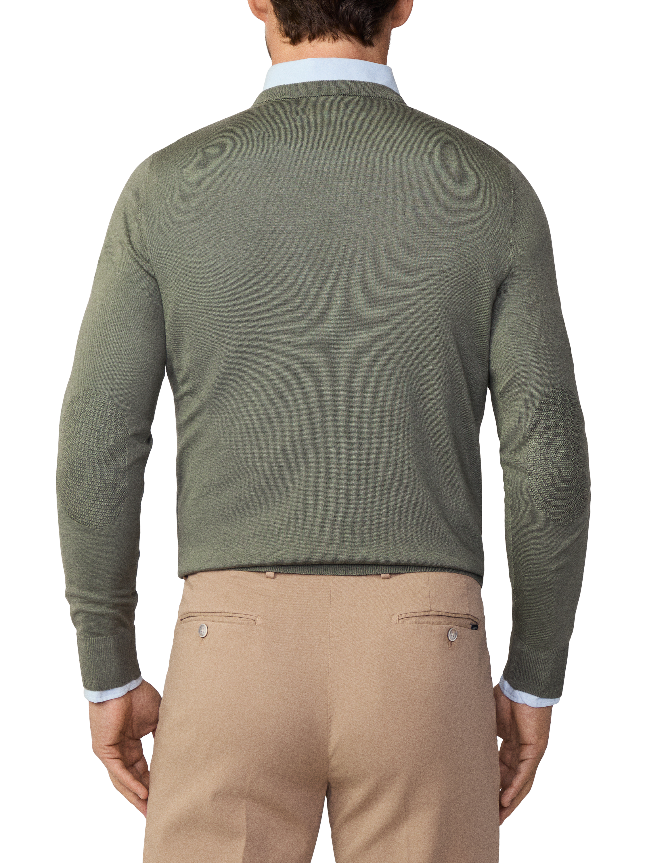 Product image 3 of 6, which shows Hackett London Merino Wool Silk V-Neck Jumper, Myrtle Green, S