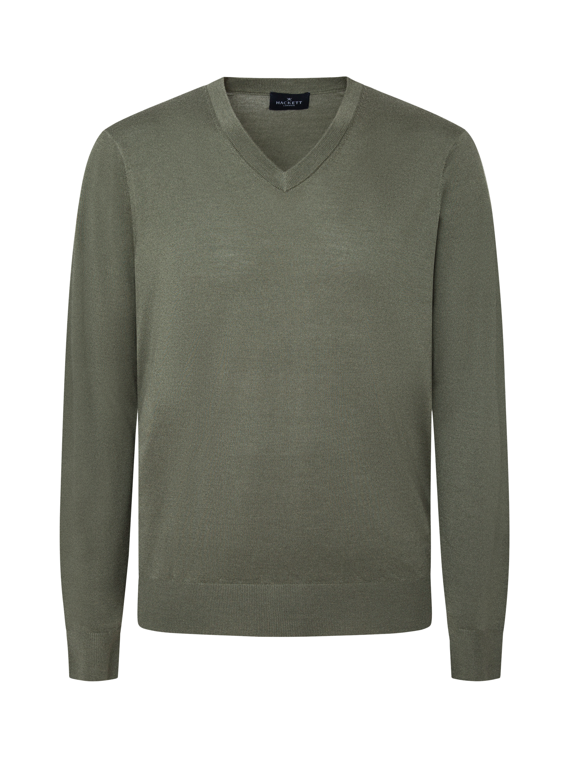 Product image 5 of 6, which shows Hackett London Merino Wool Silk V-Neck Jumper, Myrtle Green, S