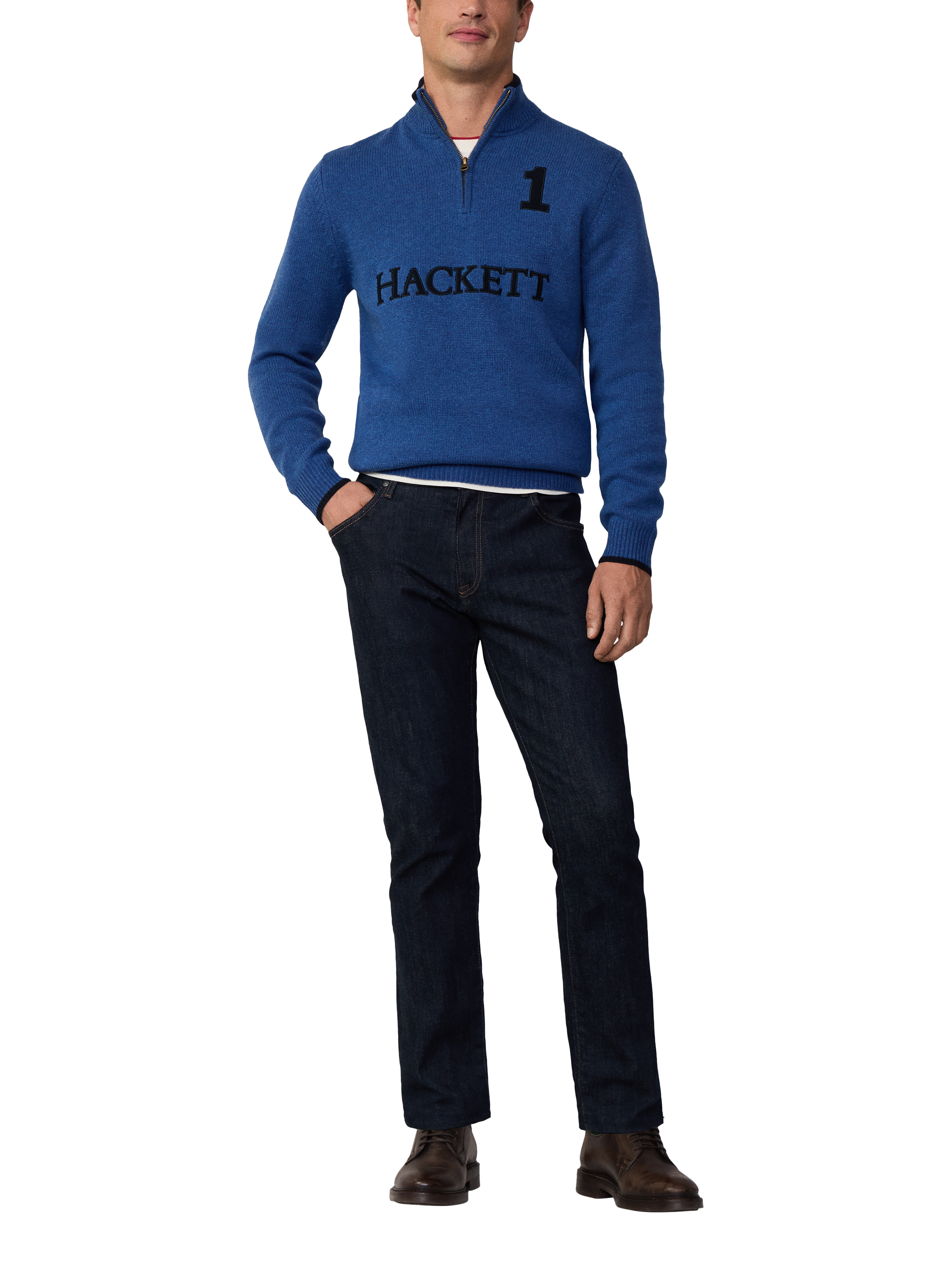 Hackett London Merino Wool Half Zip Jumper, Midnight Blue