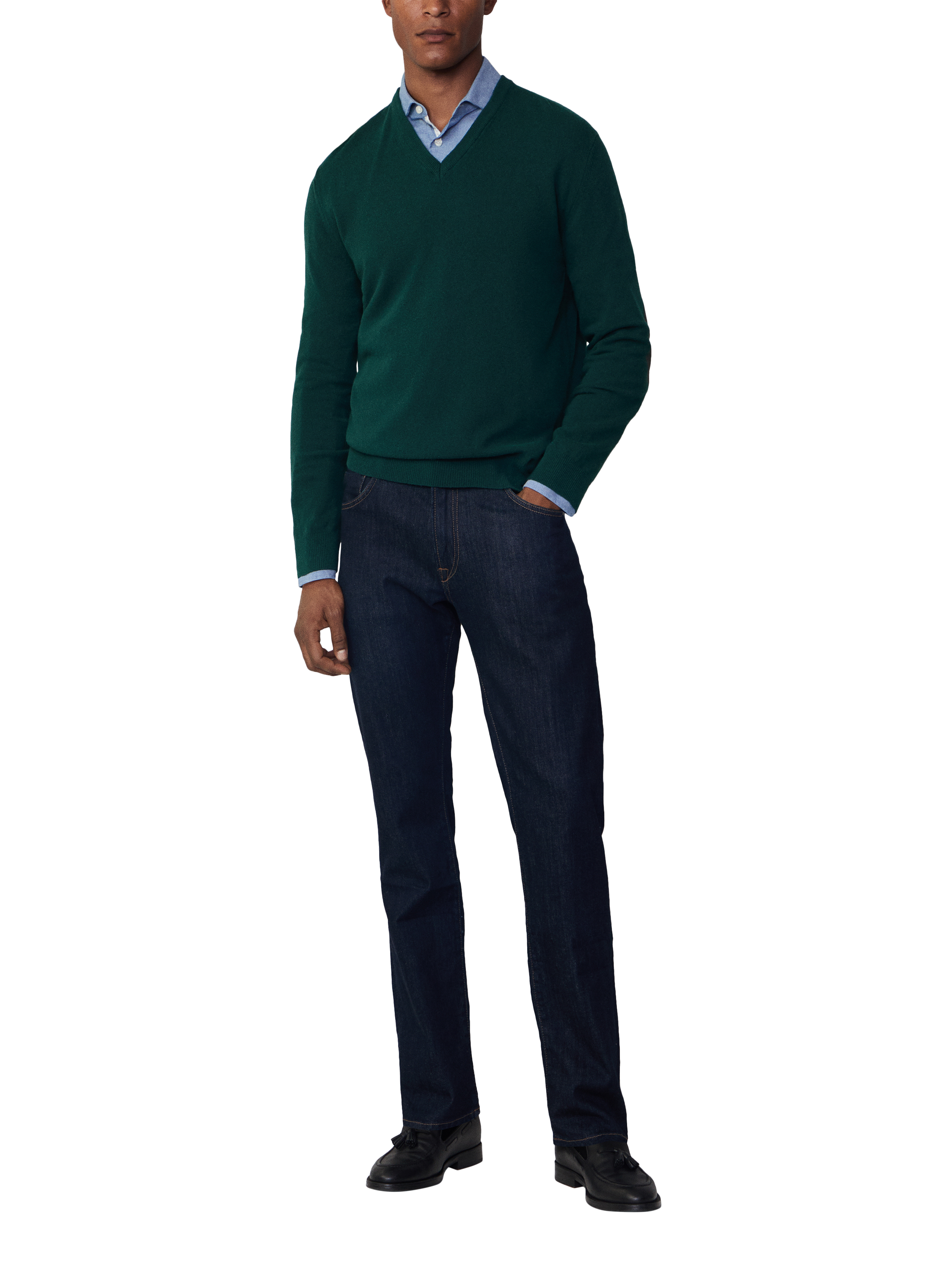 Hackett London Wool & Cashmere Blend V-Neck Jumper, Forest Night Green