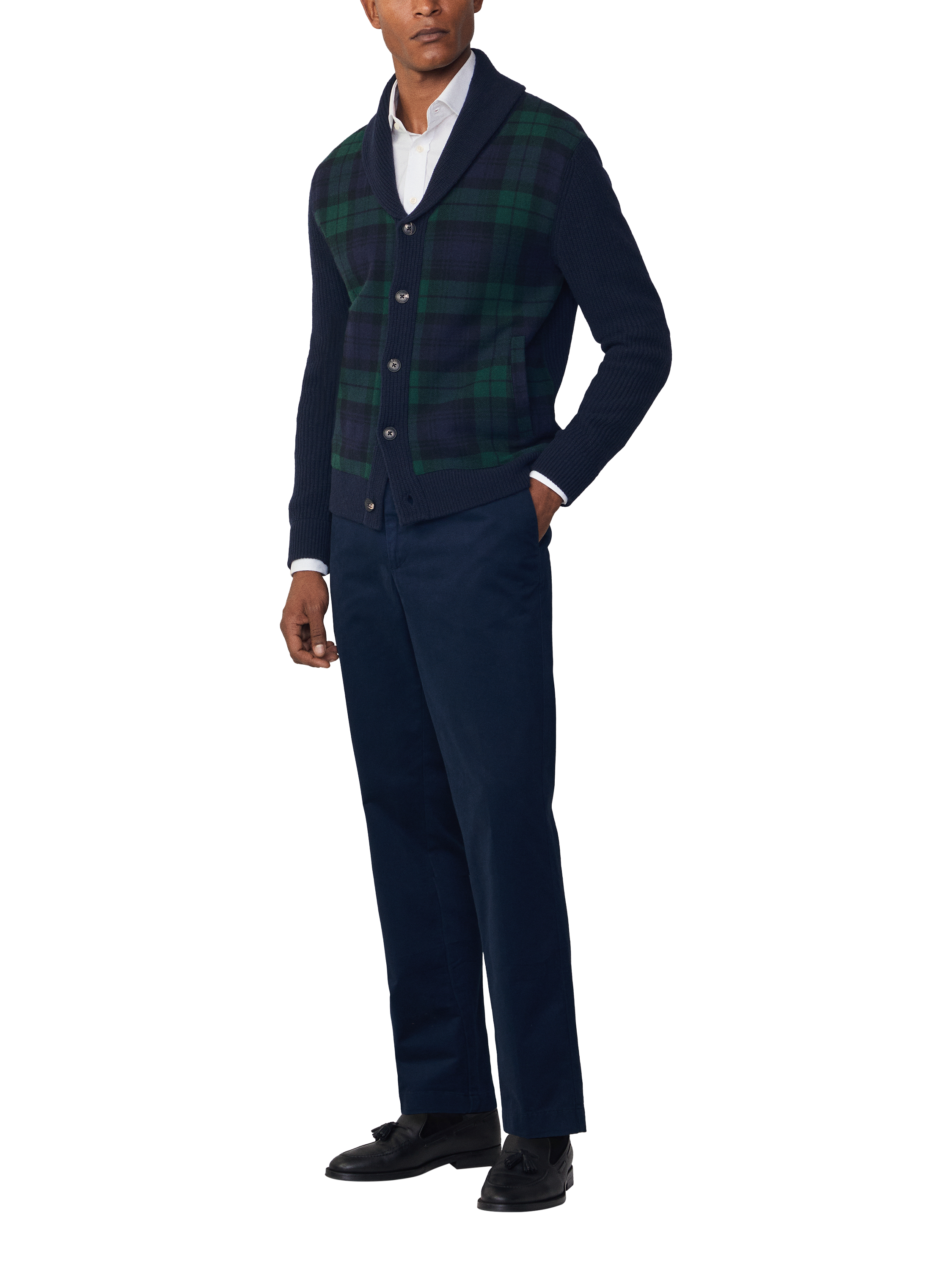Hackett London Merino Wool Blend Check V-Neck Cardigan, Midnight Blue