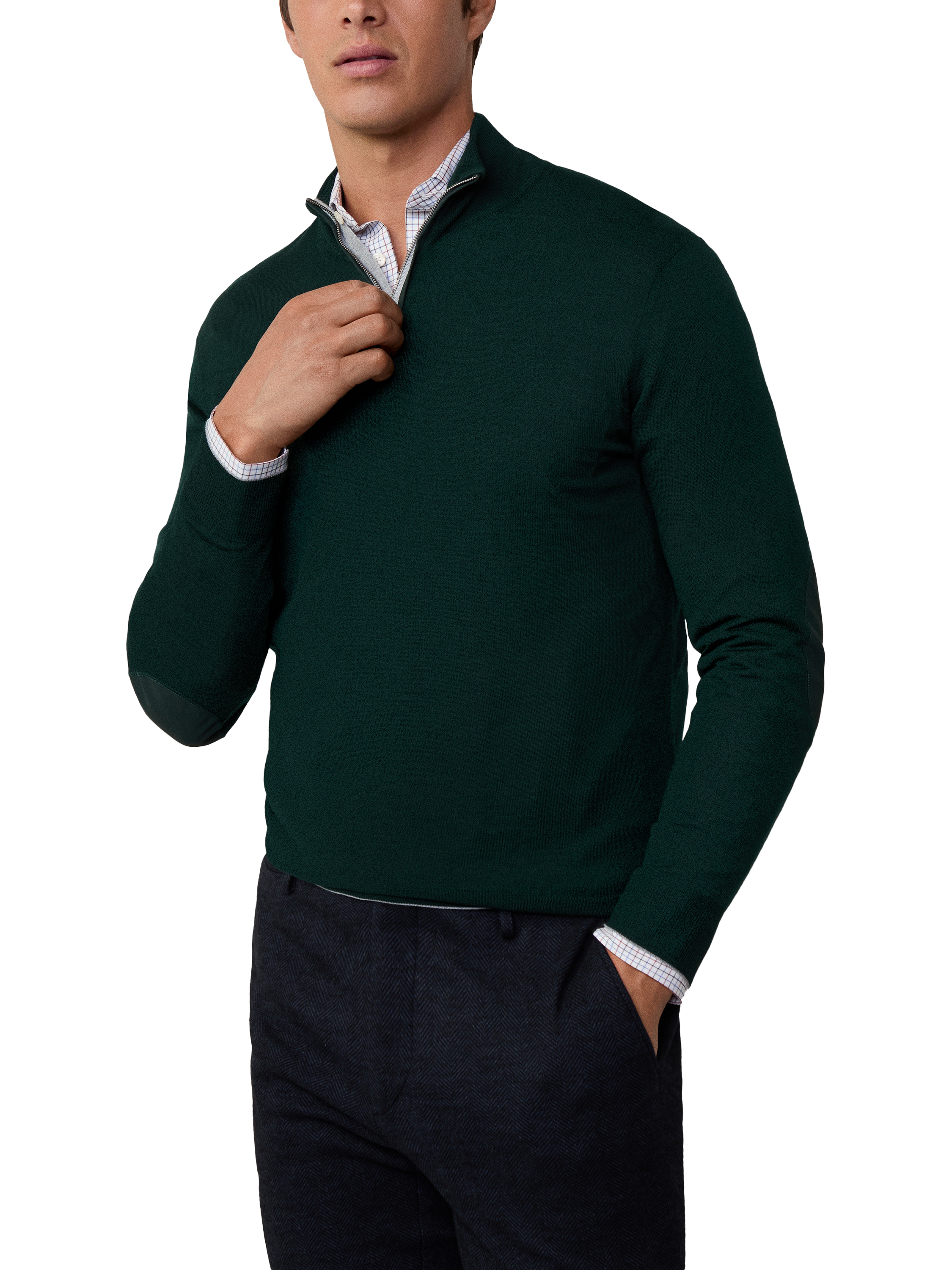 Hackett London Merino Wool Silk Half Zip High Neck Jumper, Forest Night Green
