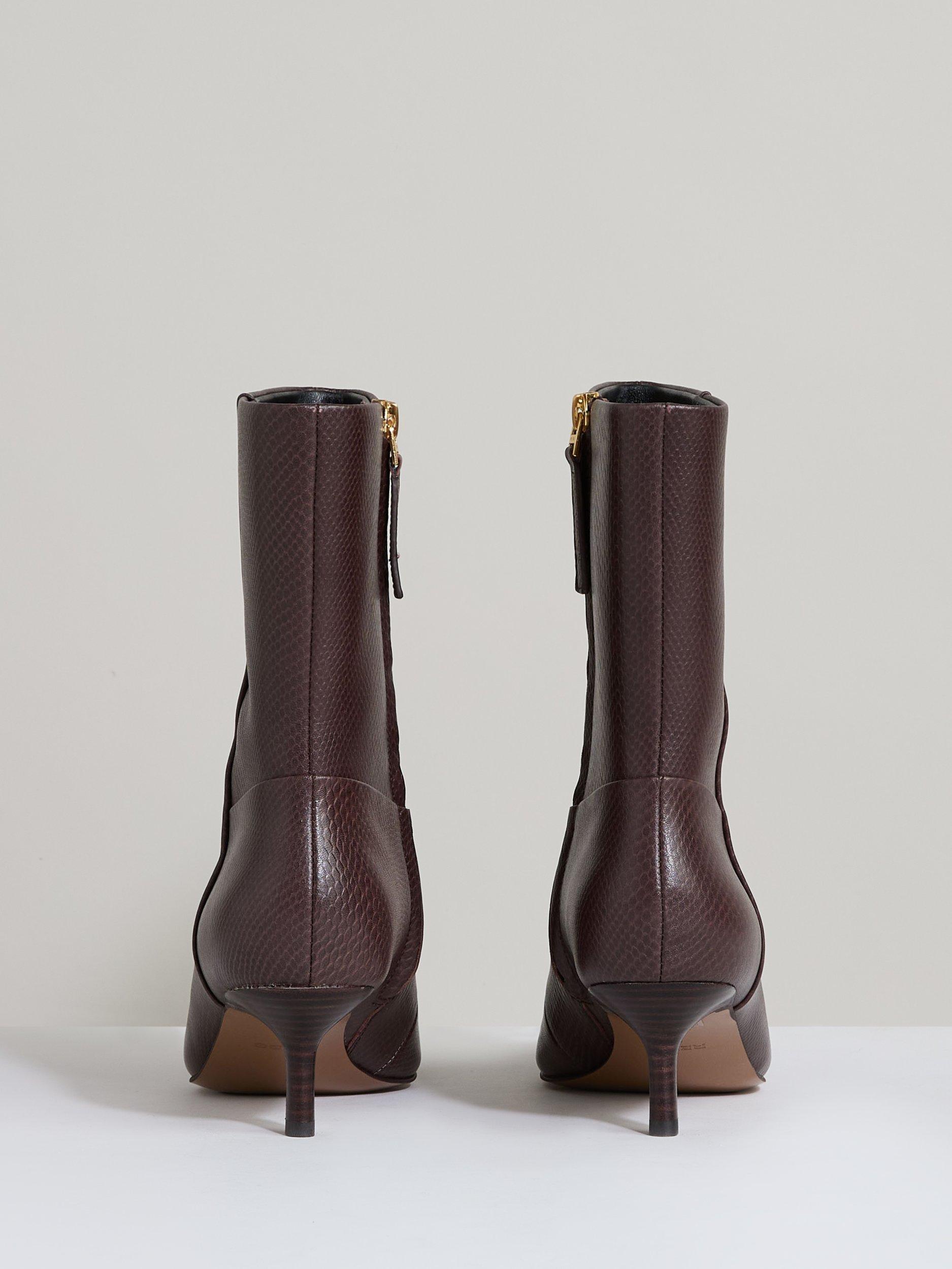 Product image 2 of 5, which shows Reiss Millie Leather Pointed Ankle Boots, Chocolate, 3