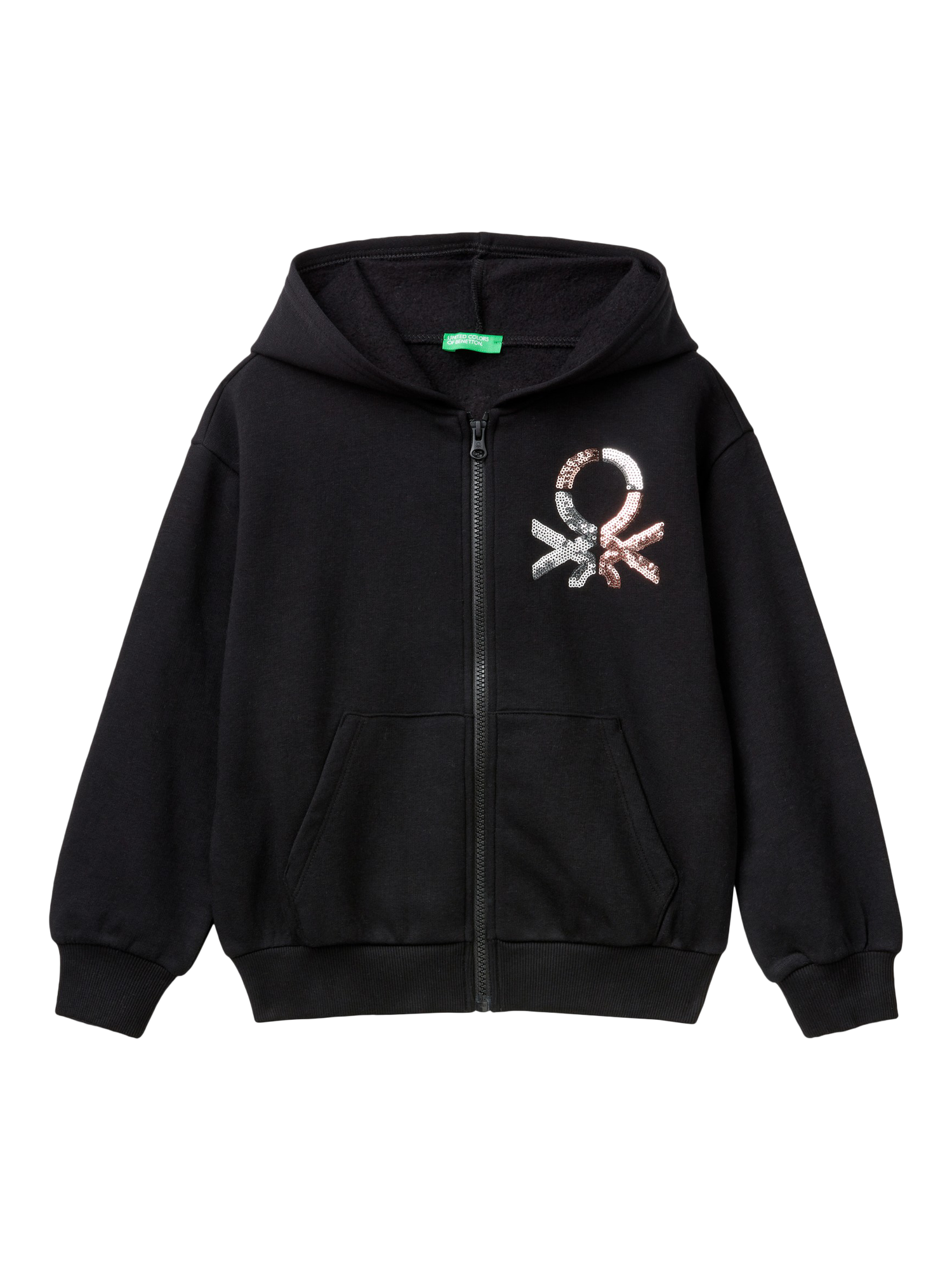 Benetton Kids' Sequin Logo Zipped Hoodie, Black