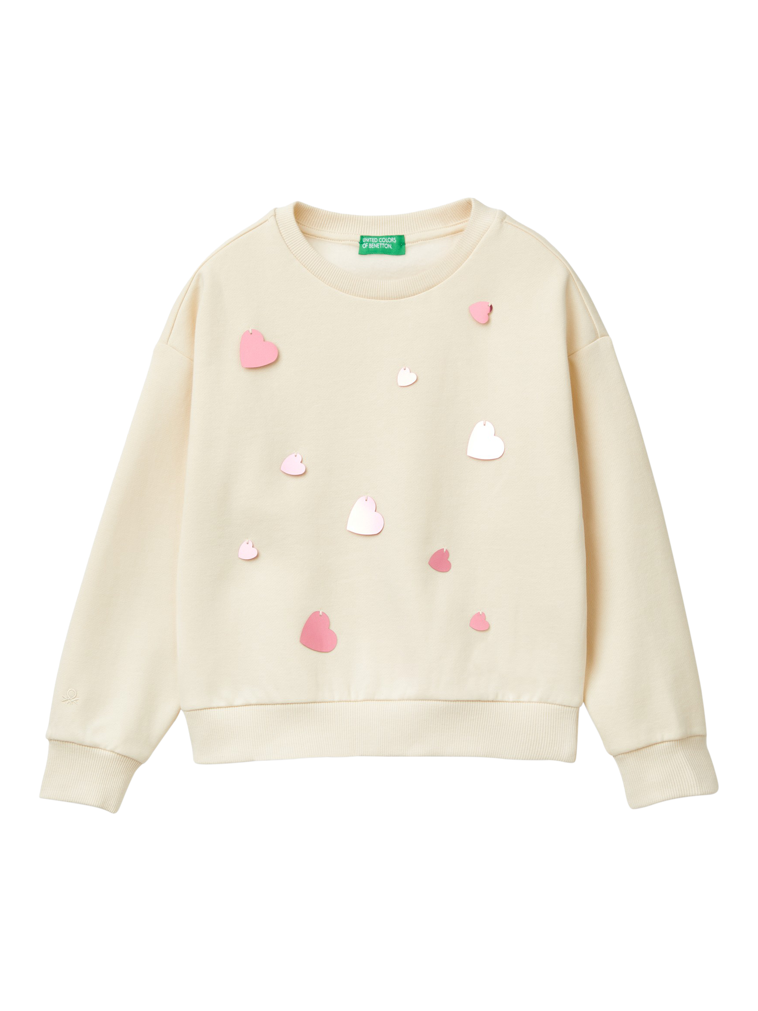 Product image 1 of 2, which shows Benetton Kids' Sequin 3D Hearts Sweatshirt, Sand, 6-7 years