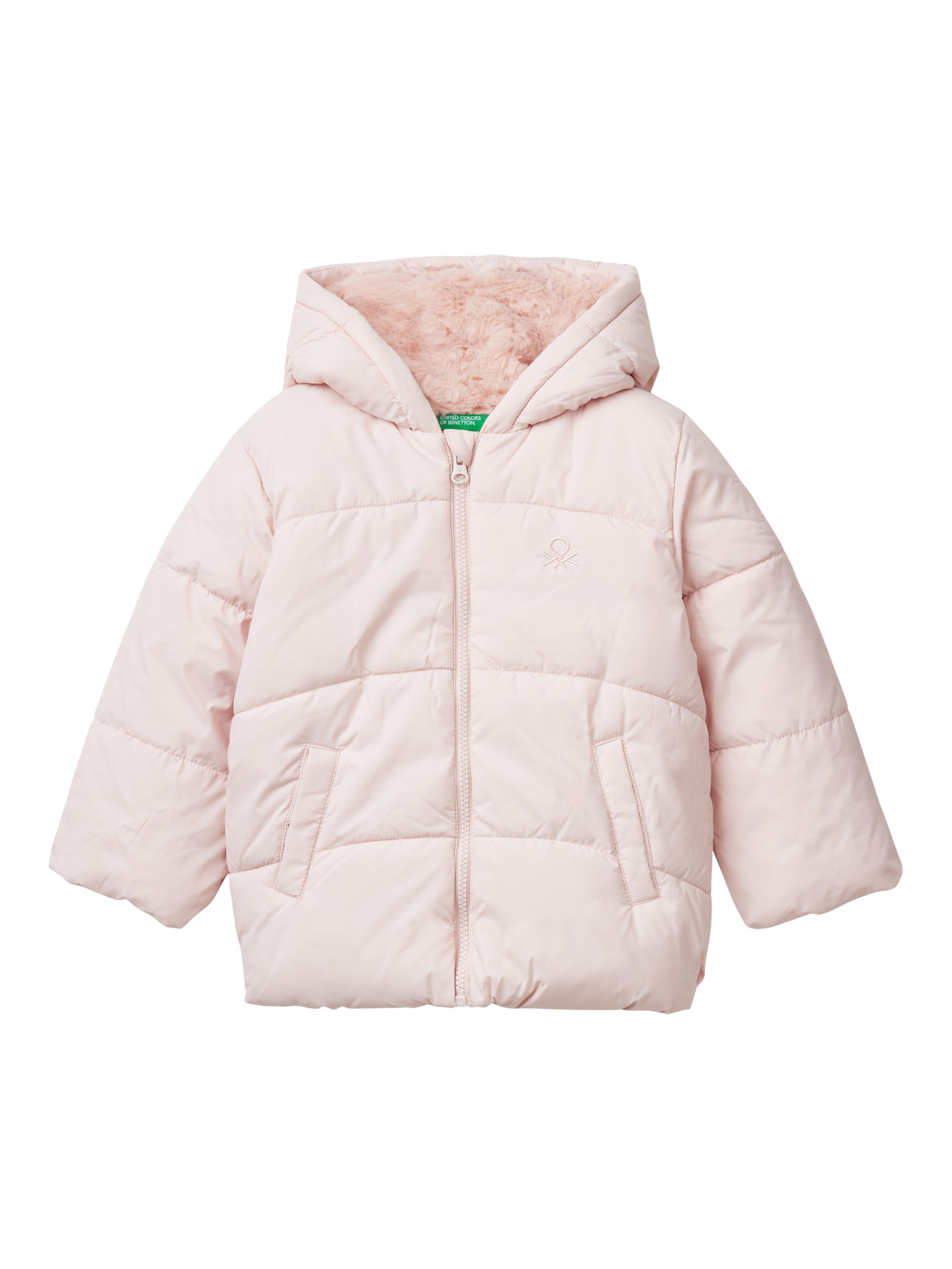Product image 1 of 3, which shows Benetton Kids' Faux Fur Lined Puffer Jacket, Pastel Pink, 5-6 years