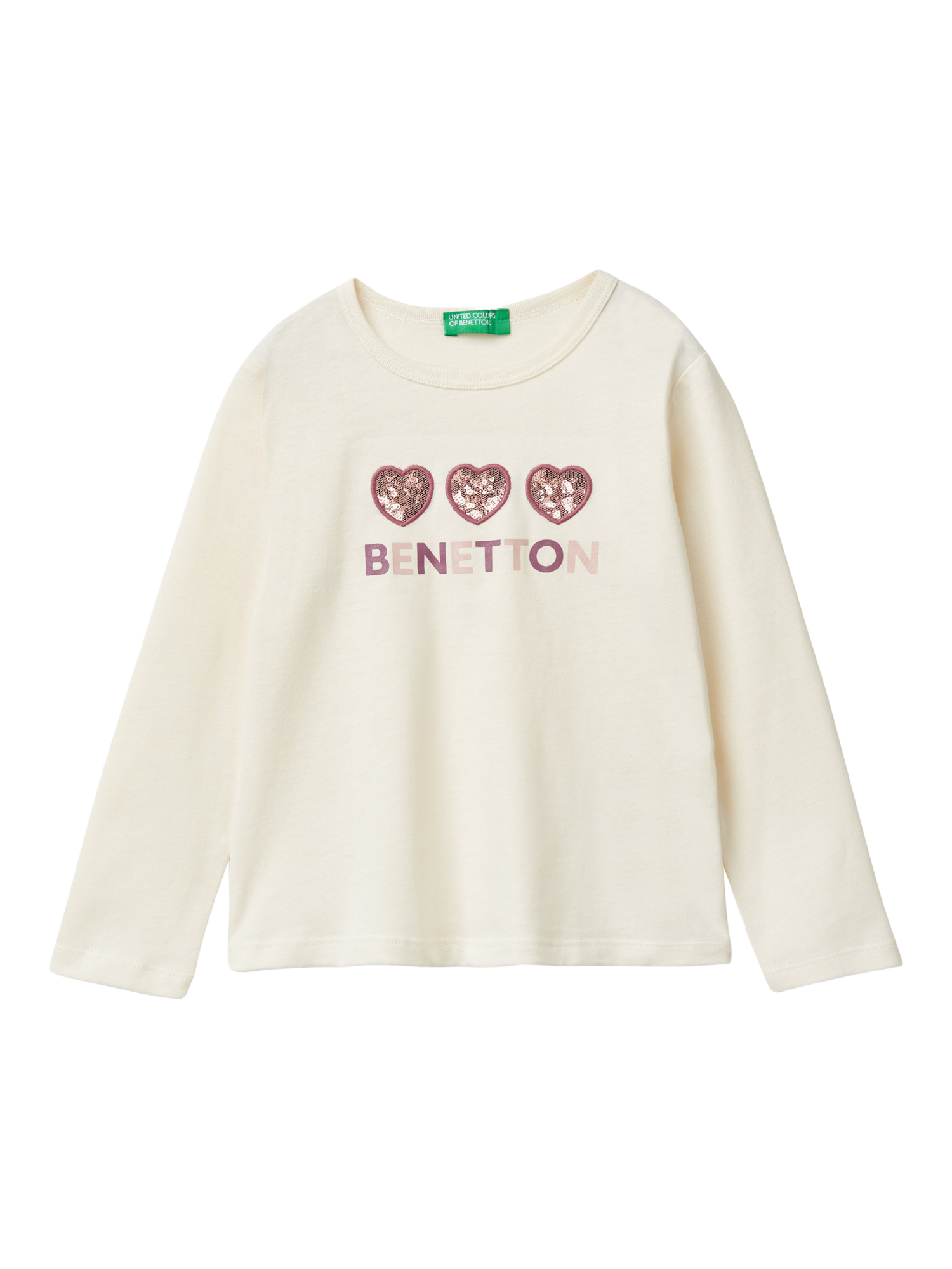 Benetton Kids' Sequin Hearts Jersey Top, White Cream