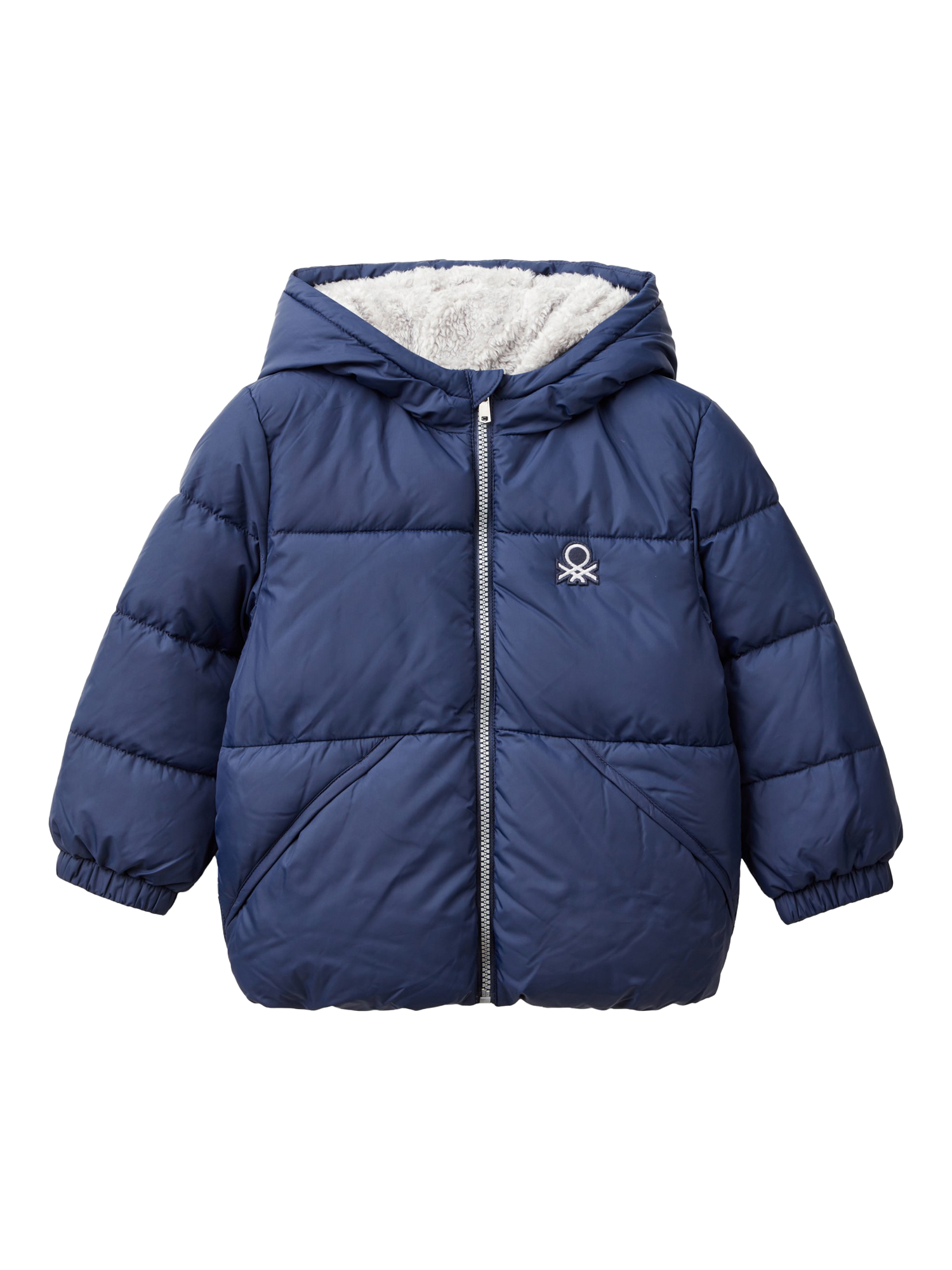 Product image 1 of 3, which shows Benetton Kids' Faux Fur Lined Hooded Padded Jacket, Night Blue, 18-24 months