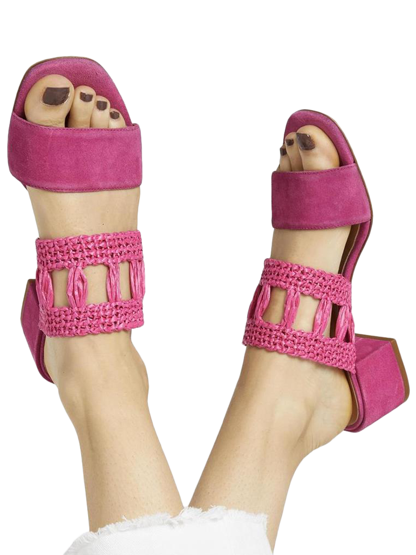 Product image 2 of 6, which shows Jones Bootmaker Kimora Raffia Heeled Mule Sandals, Hot Pink, 4