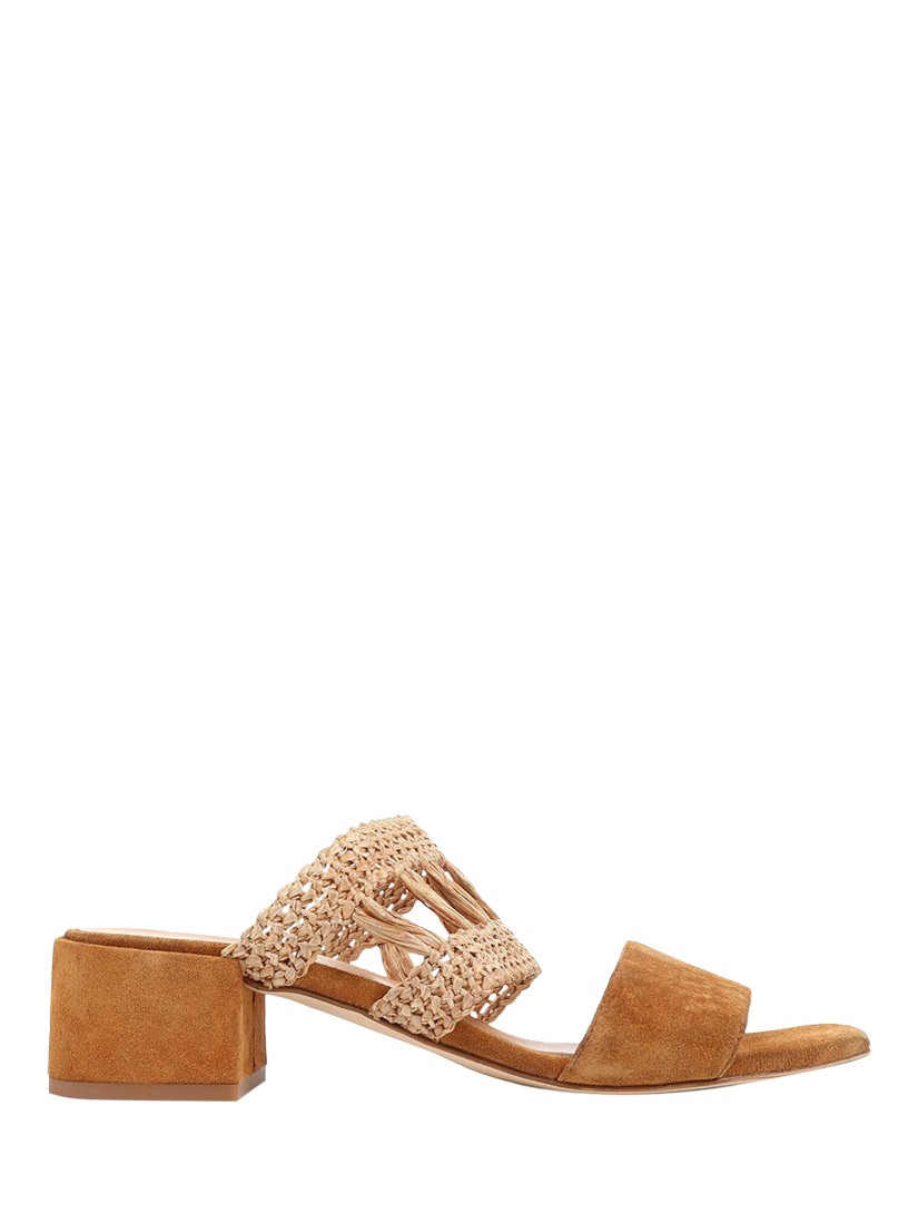 Product image 1 of 5, which shows Jones Bootmaker Kimora Raffia Heeled Mule Sandals, Tan, 4