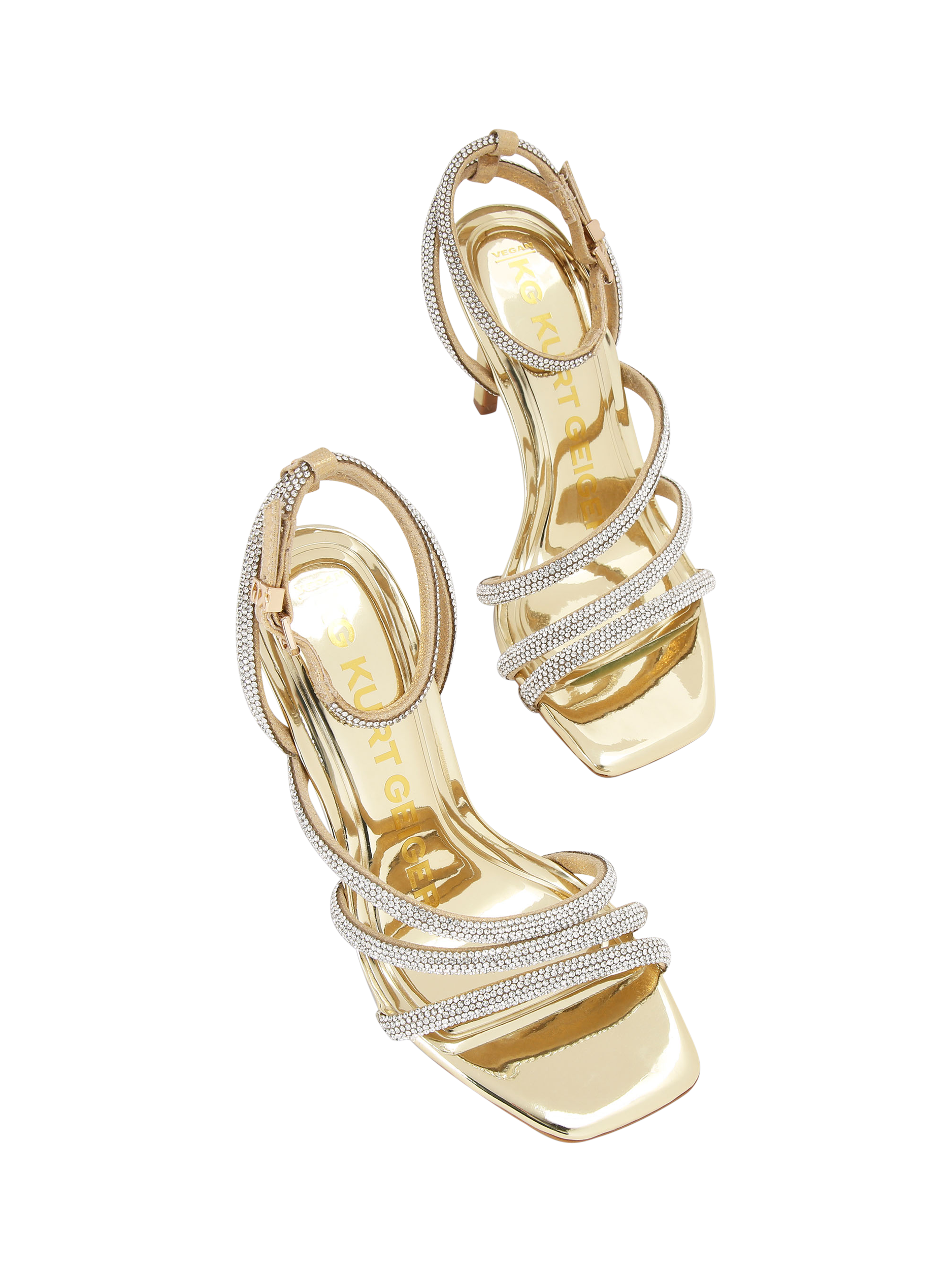 Product image 3 of 5, which shows KG Kurt Geiger Savanna Crystal Embellished Strappy Heeled Sandals, Gold, 3