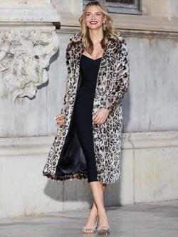 Sosandar Faux Fur Leopard Print Longline Coat, Brown/Multi - view 2, Brown/Multi