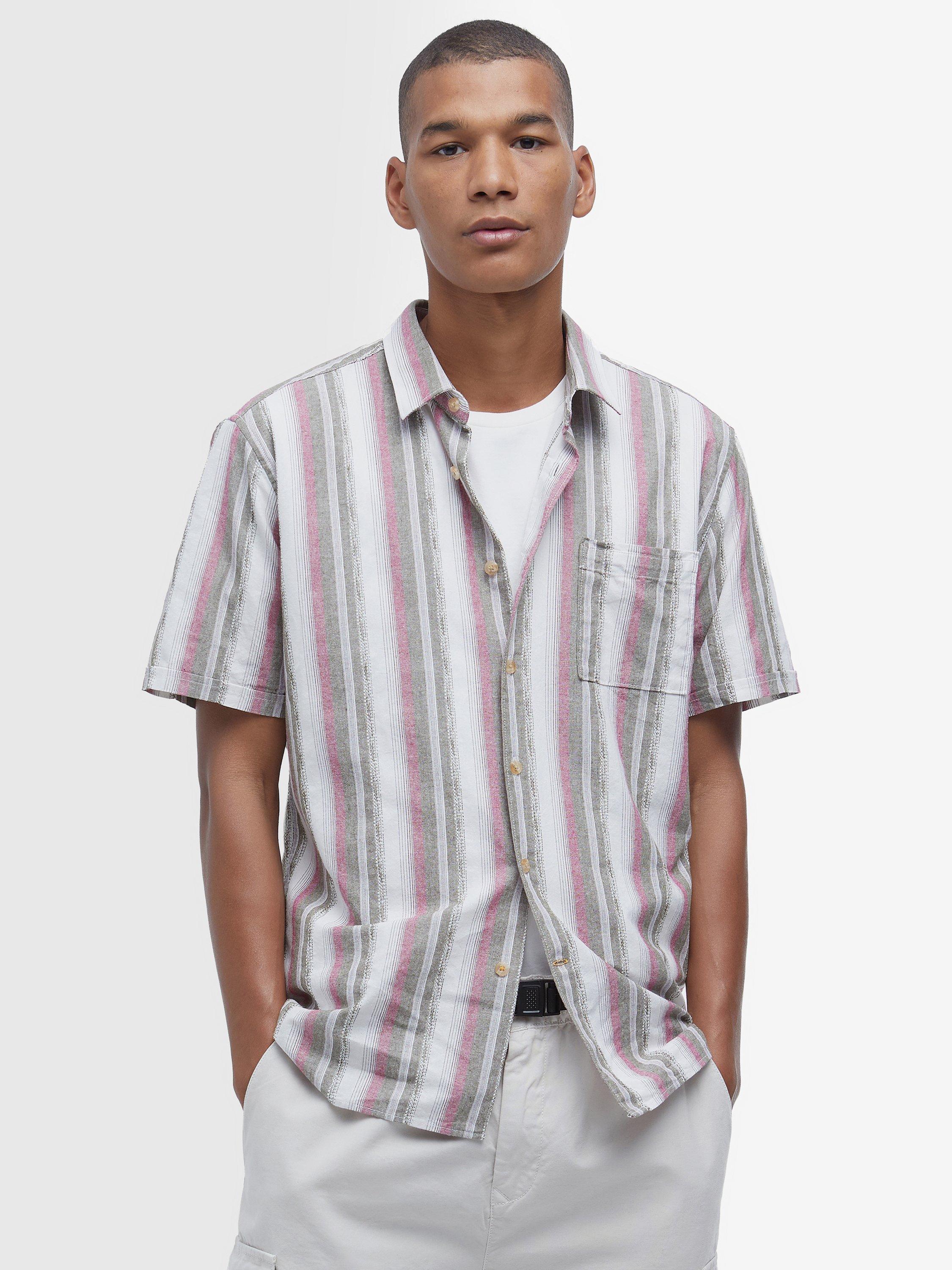 Product image 1 of 6, which shows Barbour Lipton Stripe Cotton Short Sleeve Shirt, Whisper White, S