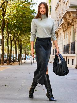 Sosandar Longline Denim Midi Skirt, Charcoal Grey - view 2, Charcoal Grey