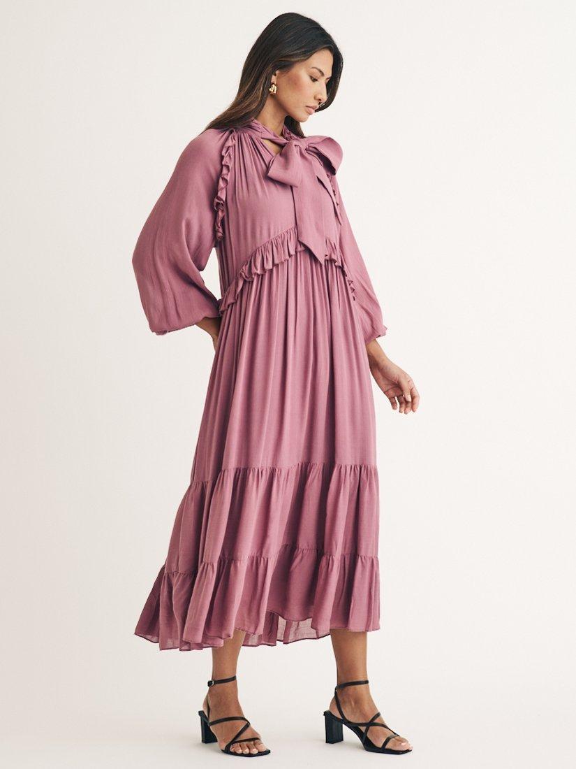 Product image 1 of 5, which shows Nobody's Child Bohana Neck Scarf Ruffle Midi Dress, Purple, 6