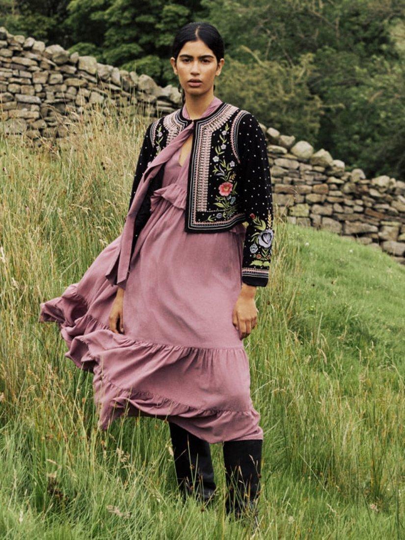 Product image 5 of 5, which shows Nobody's Child Bohana Neck Scarf Ruffle Midi Dress, Purple, 6