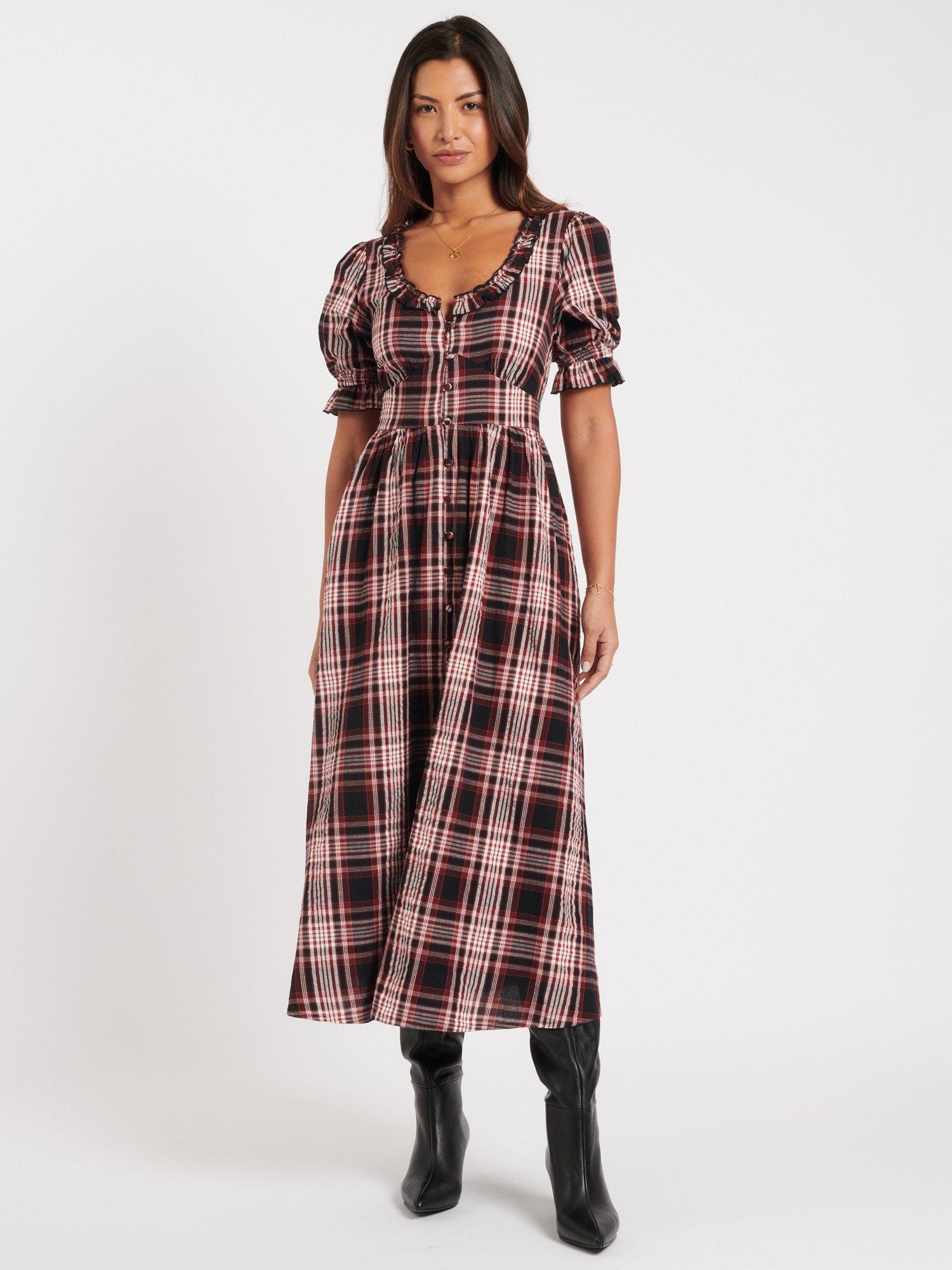 Product image 1 of 5, which shows Nobody's Child Flossie Short Sleeve Organic Cotton Check Midi Dress, Red, 10