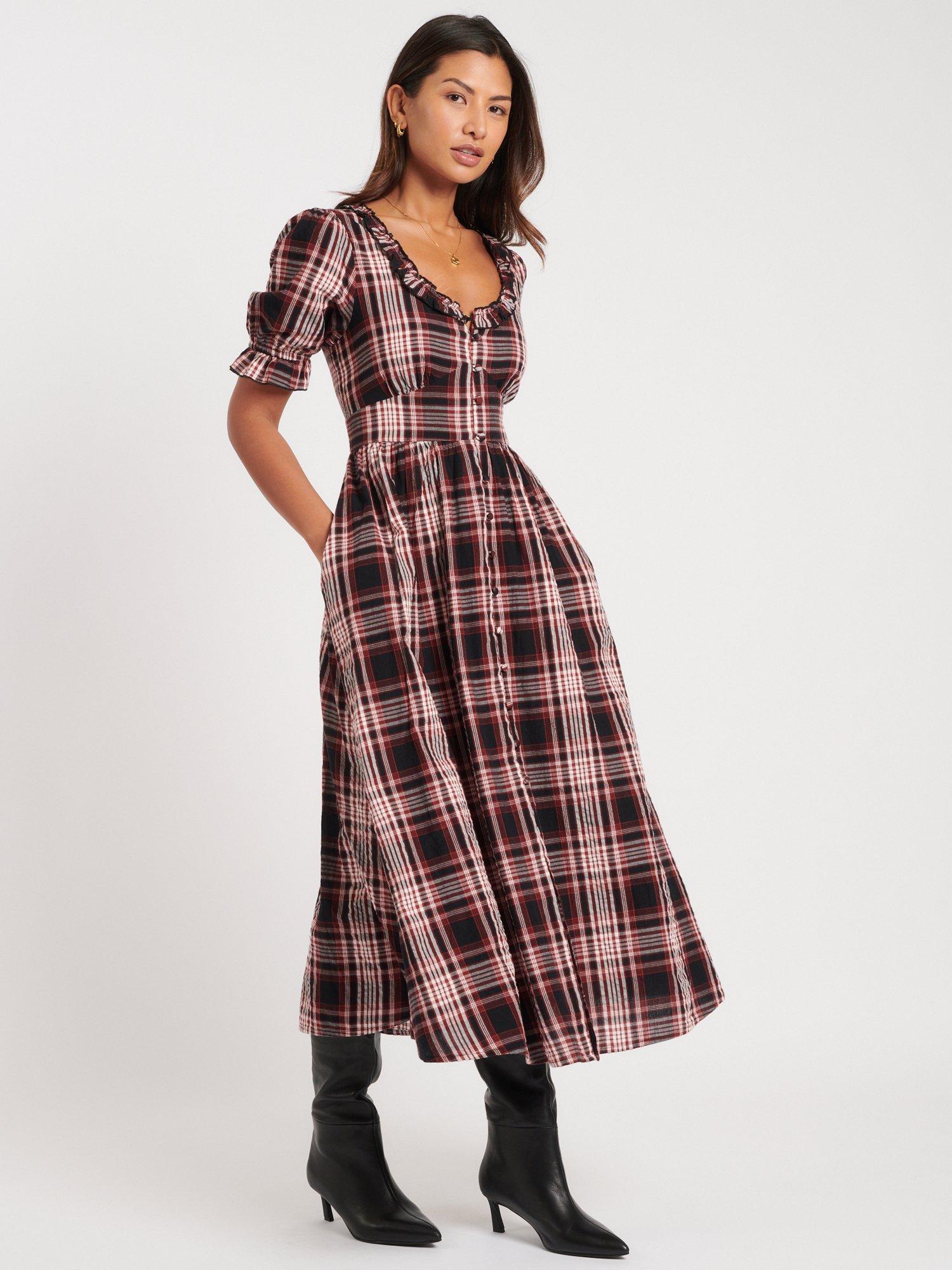 Product image 2 of 5, which shows Nobody's Child Flossie Short Sleeve Organic Cotton Check Midi Dress, Red, 10