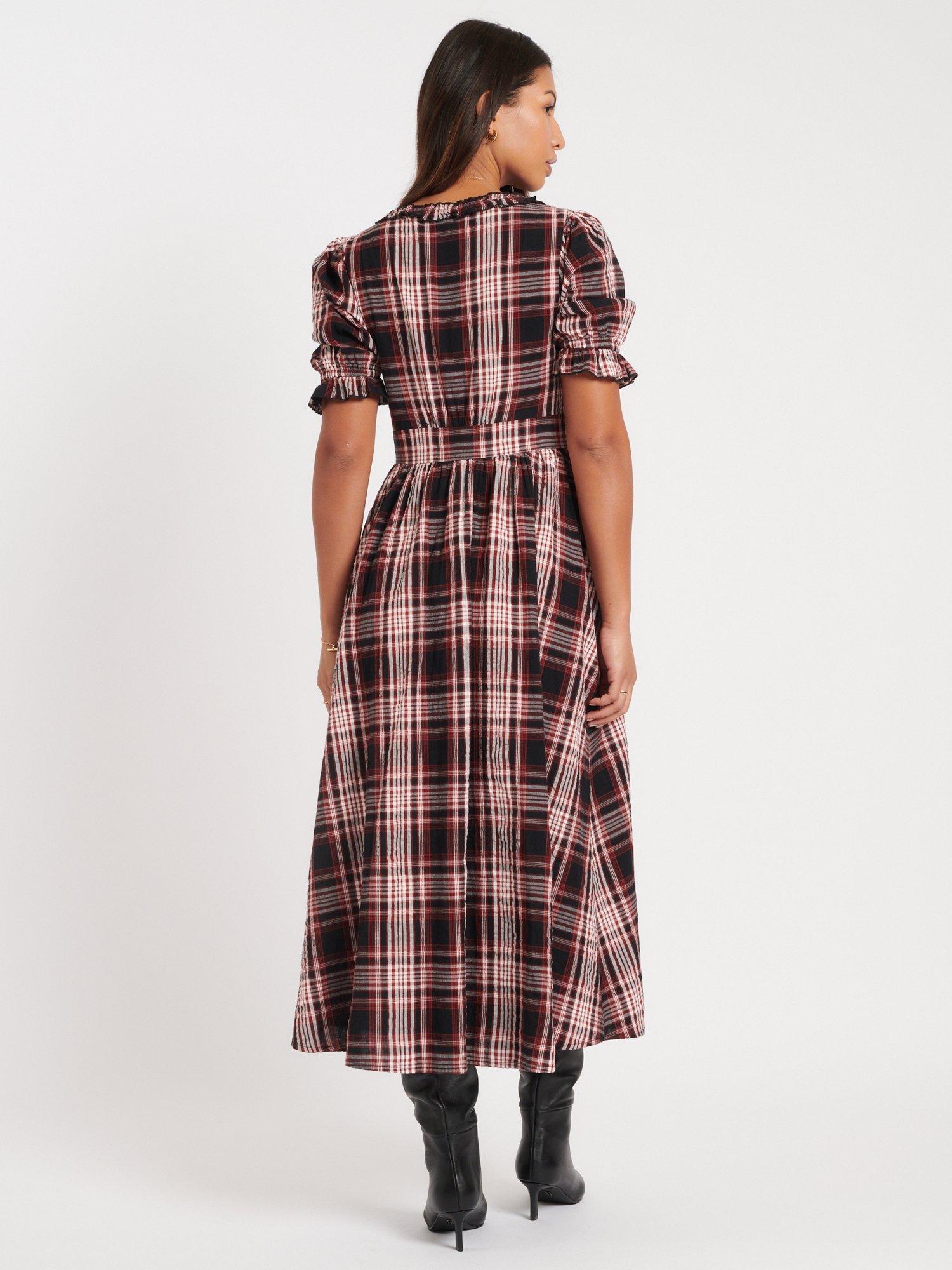 Product image 4 of 5, which shows Nobody's Child Flossie Short Sleeve Organic Cotton Check Midi Dress, Red, 10