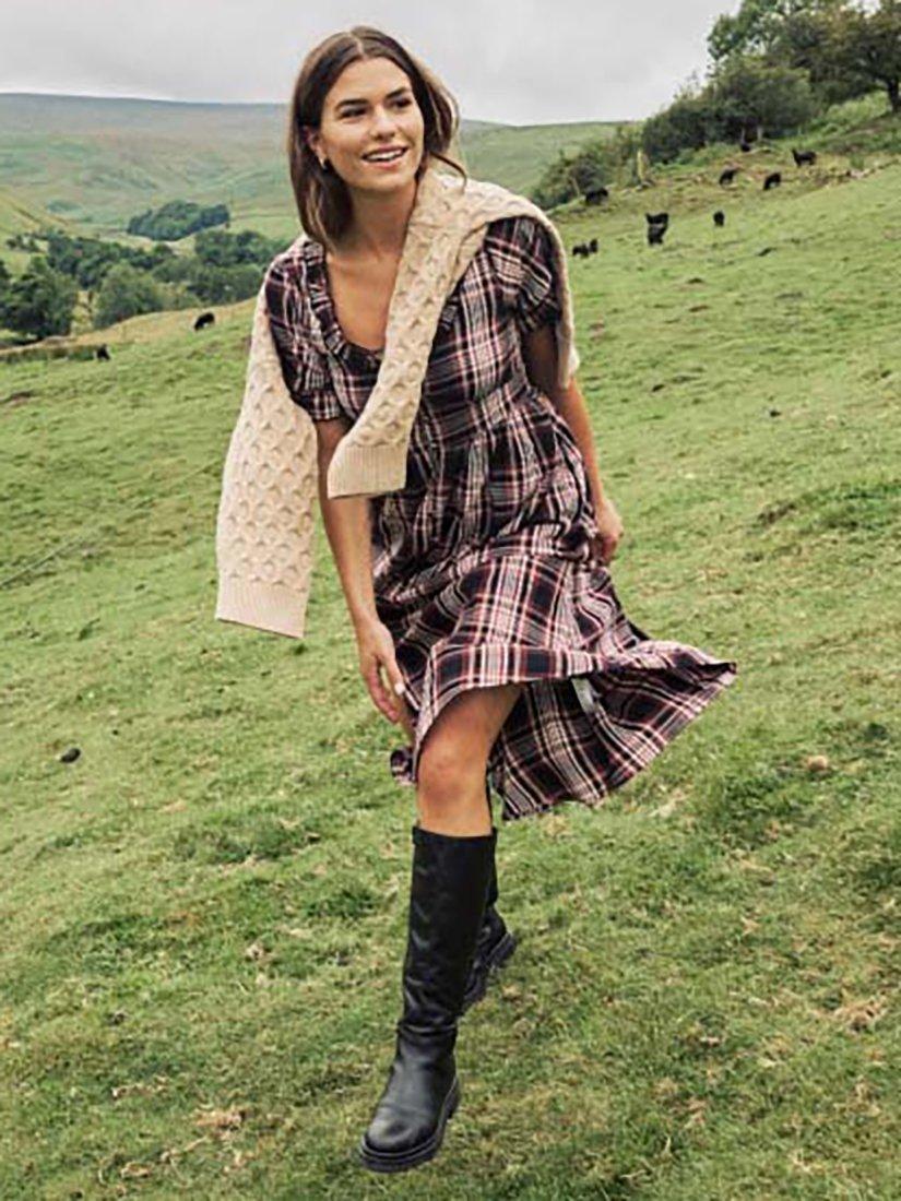 Product image 5 of 5, which shows Nobody's Child Flossie Short Sleeve Organic Cotton Check Midi Dress, Red, 10