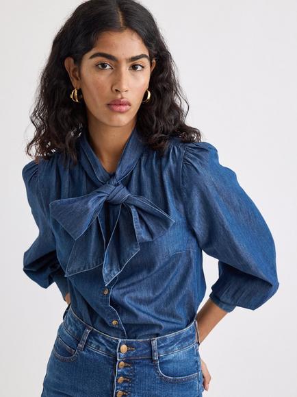 Nobody's Child Whickham Neck Tie Organic Cotton Blouse, Blue, Blue