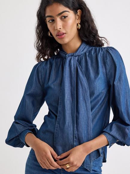 Nobody's Child Whickham Neck Tie Organic Cotton Blouse, Blue - view 2, Blue
