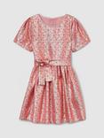 Reiss Kids' Leomie Star Jacquard Puff Sleeve Dress, Pink/Gold