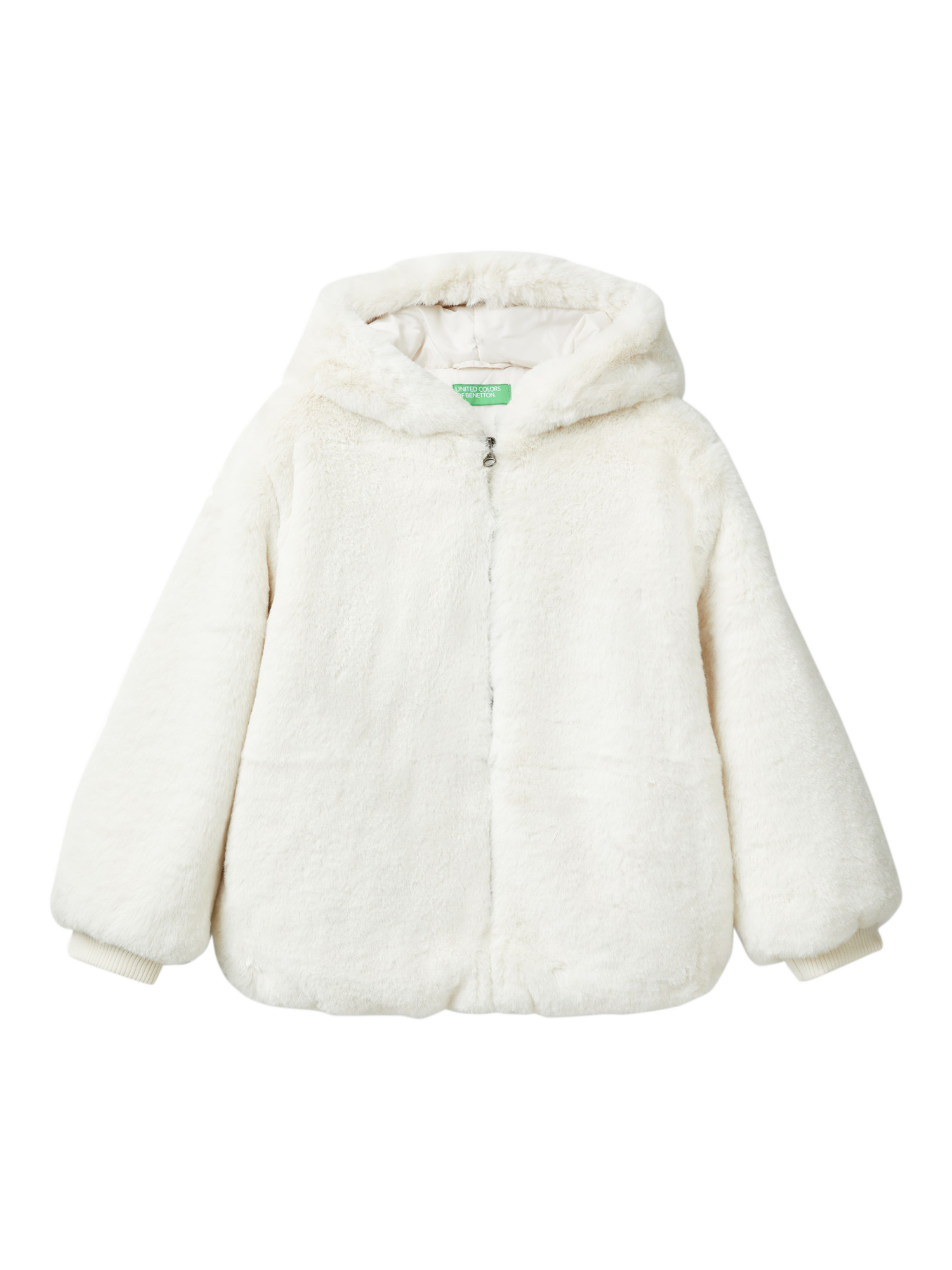 Benetton Kids Hooded Faux Fur Coat White Cream