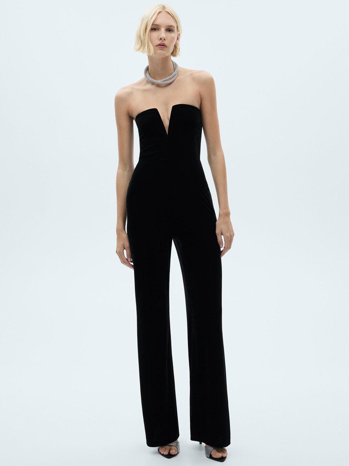 Mango Tauro Velvet Plunge Bandeau Wide Leg Jumpsuit Black