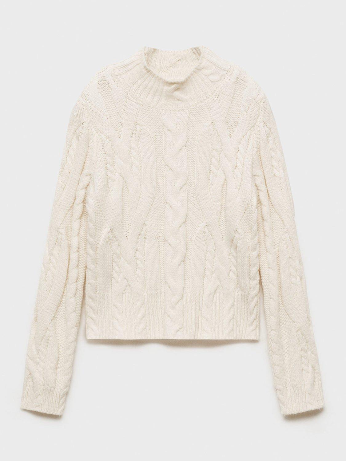 Product image 3 of 8, which shows Mango Braids Funnel Neck Cable Knit Jumper, Light Beige, XL