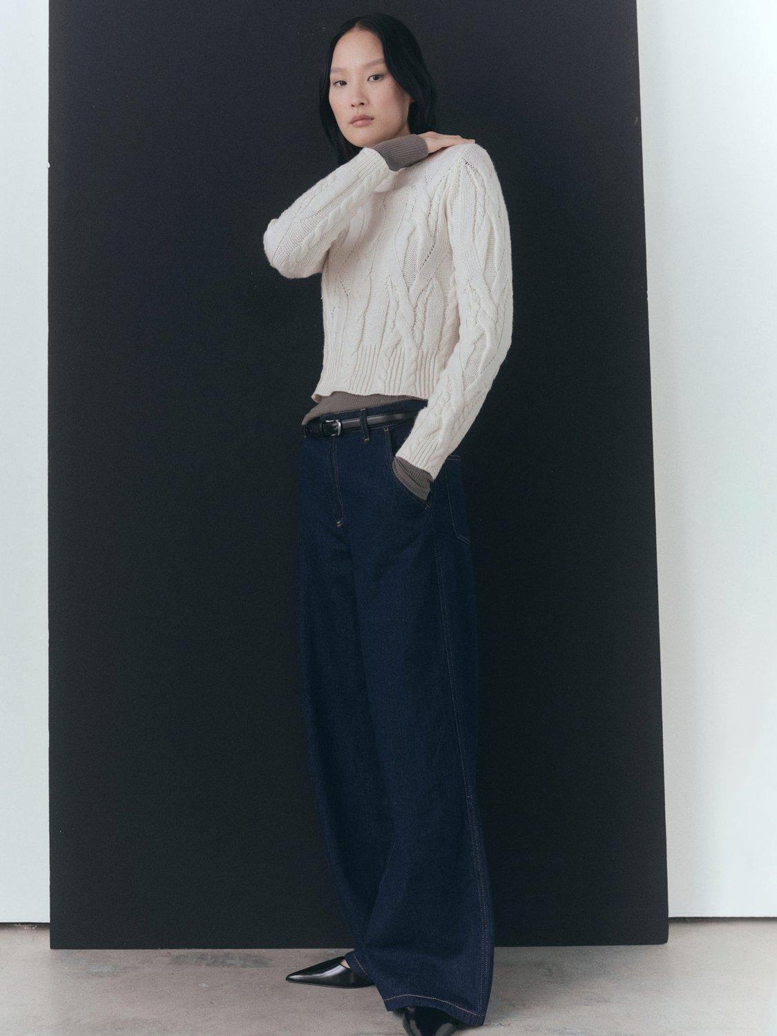Product image 7 of 8, which shows Mango Braids Funnel Neck Cable Knit Jumper, Light Beige, XL