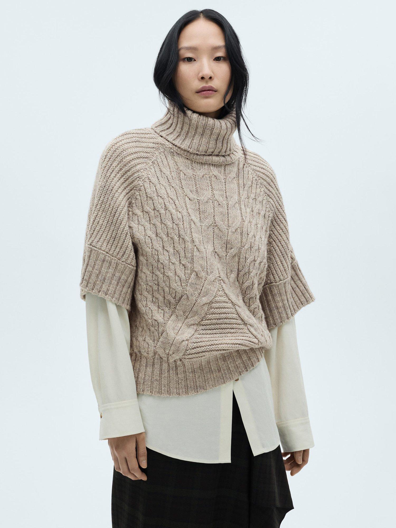 Mango Volador Roll Neck Chunky Cable Knit Jumper, Pastel Brown