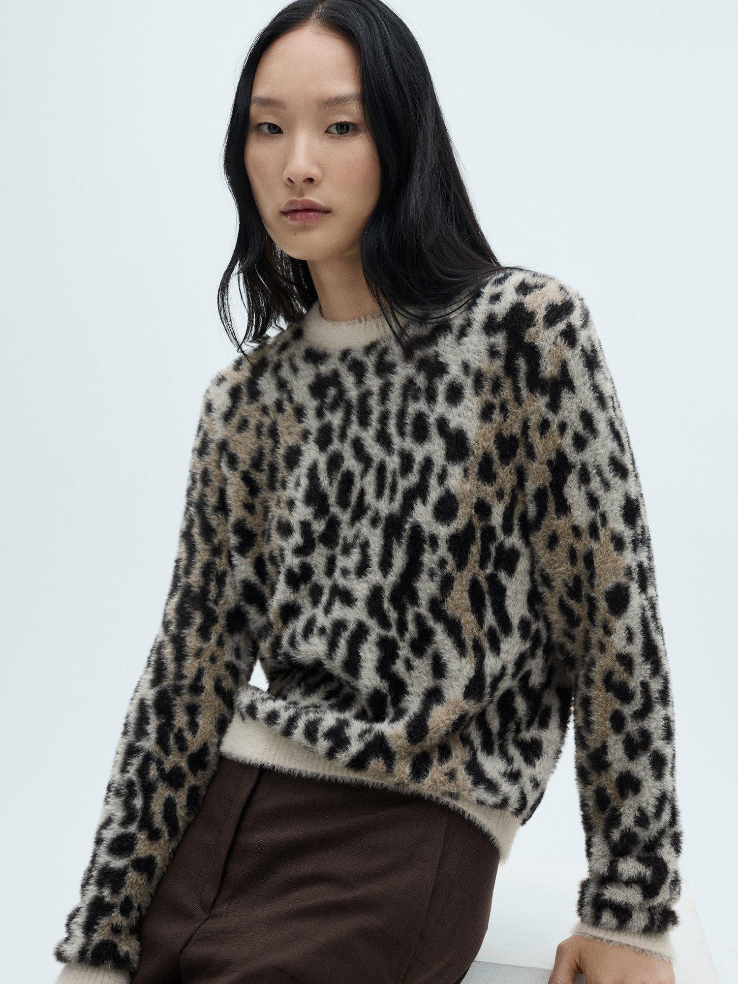 Mango Wild Fluffy Animal Print Jumper, Black/Multi