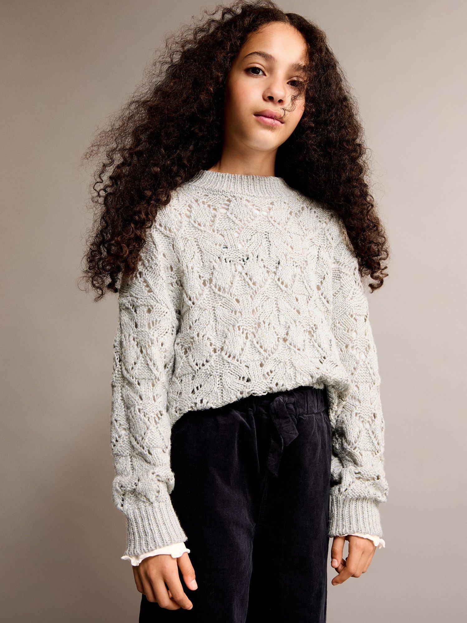Product image 1 of 5, which shows Mango Kids' Nevis Open Knit Jumper, Pastel Grey, 5-6 years