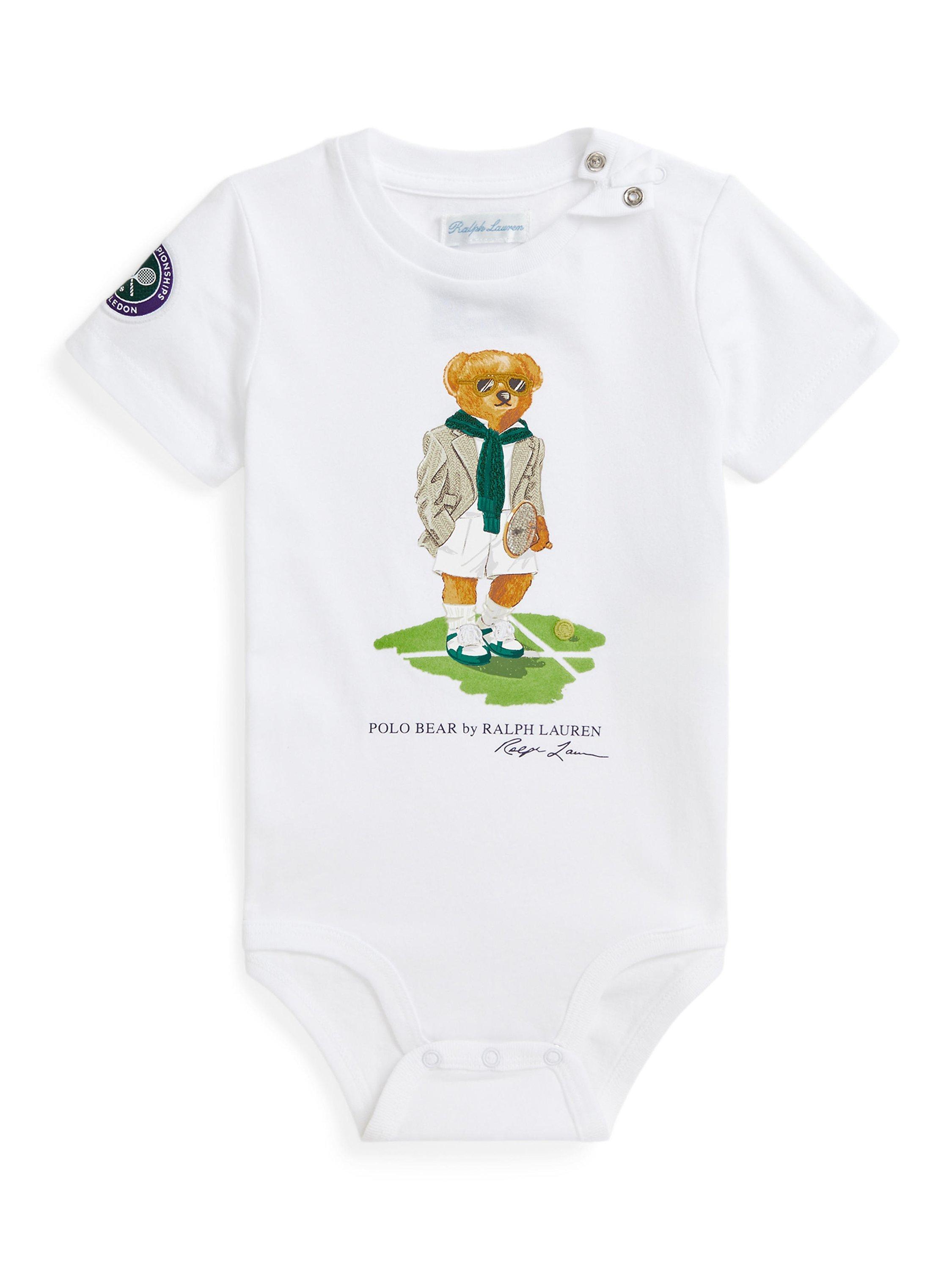 Product image 1 of 3, which shows Ralph Lauren Baby Cotton Wimbledon Polo Bear Bodysuit, Ceramic White, 6 months