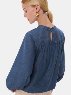 Whistles Smocked Blouse, Denim - view 2, Denim
