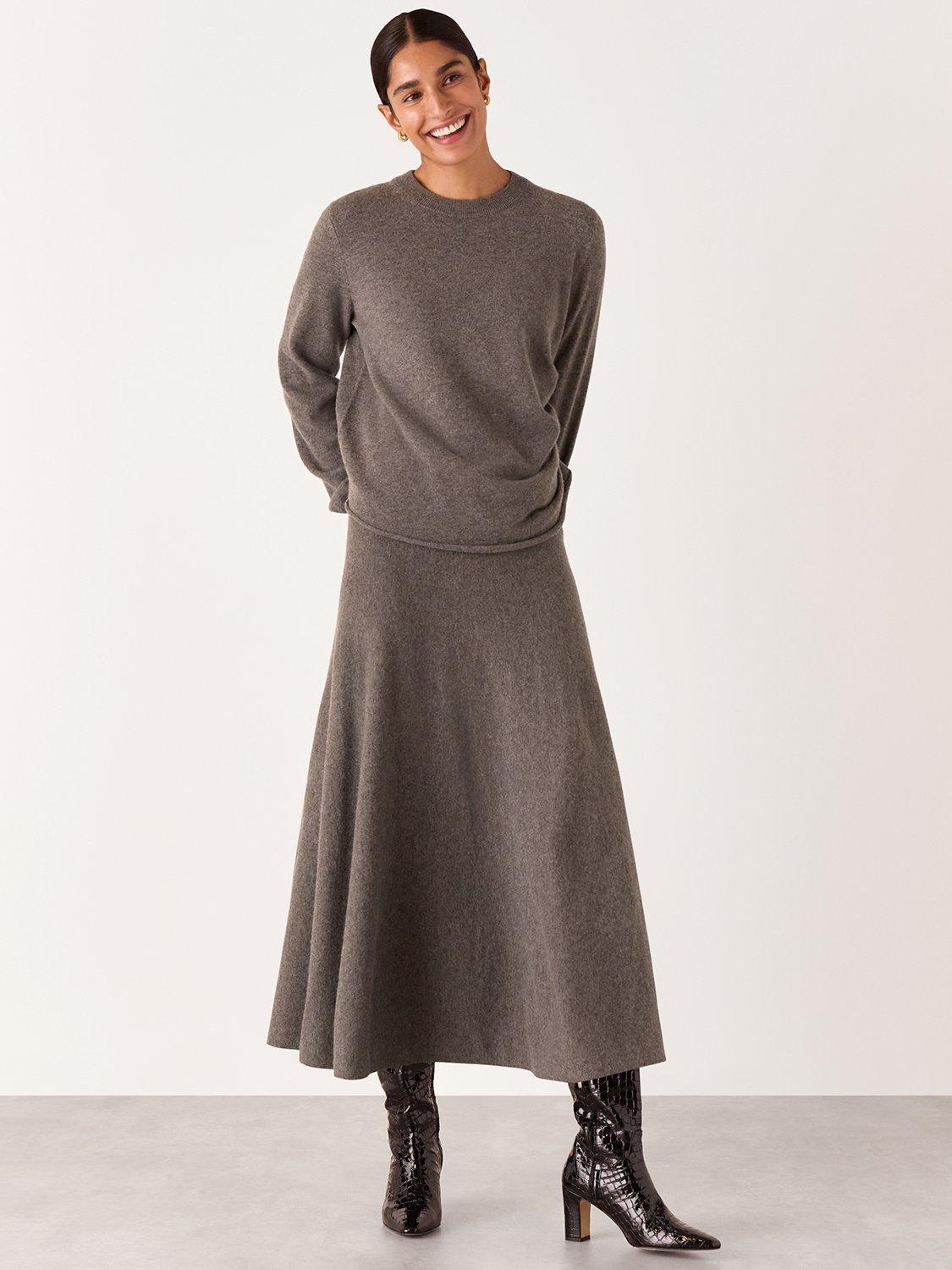 Product image 1 of 6, which shows Whistles Pure Wool Knitted Midi Skirt, Taupe, M