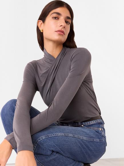 Whistles Drape Neck Jersey Top, Grey - view 2, Grey