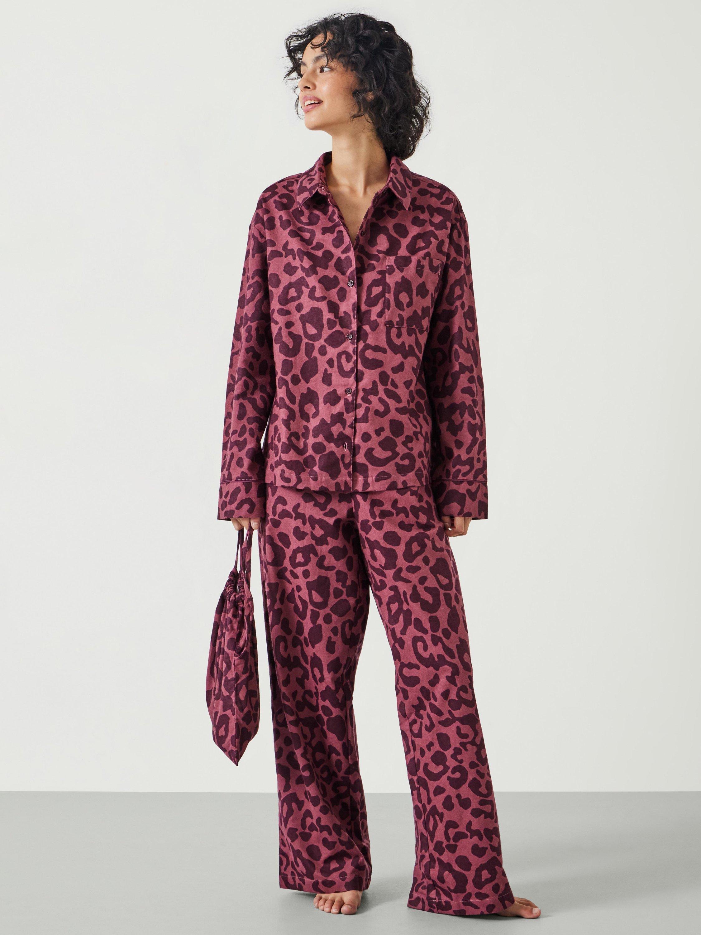 Product image 5 of 6, which shows HUSH Luella Leopard Flannel Cotton Pyjamas, Wine Red, XXS Lng
