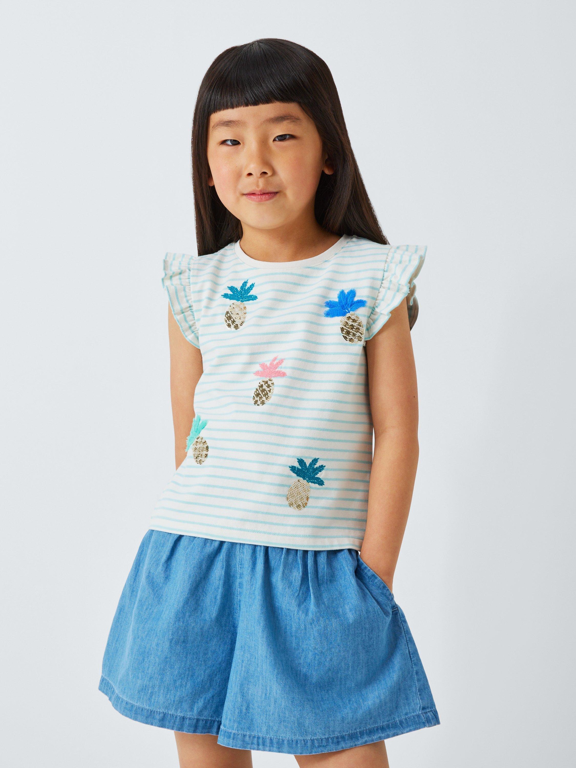 Product image 1 of 7, which shows John Lewis Kids' Stripe Sequin Pineapple T-Shirt, Blue White, 2 years