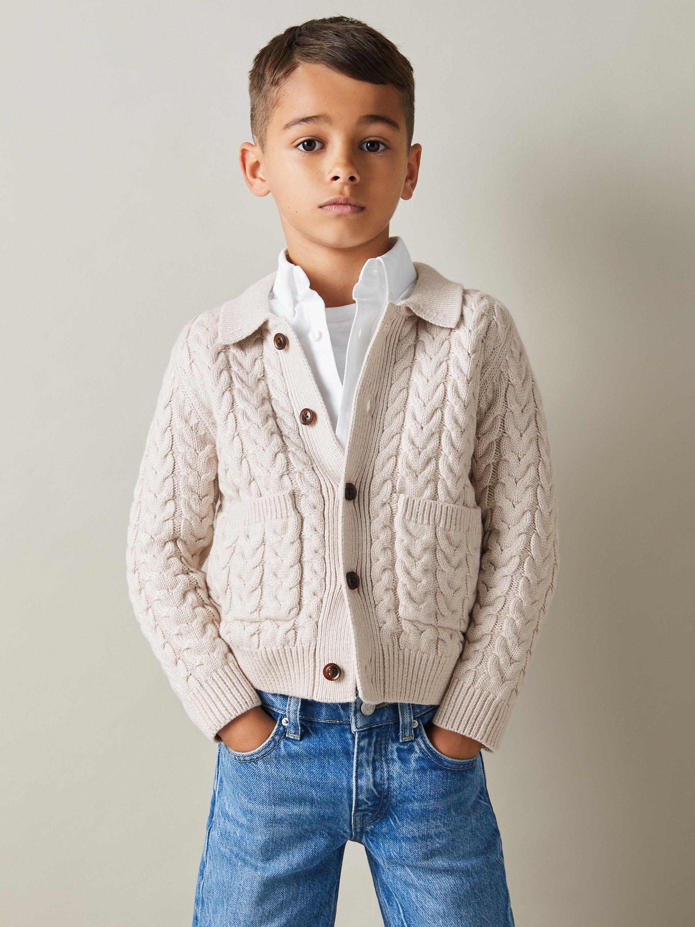 Reiss Kids' Fleet Cable Knit Cardigan, Oatmeal Melange