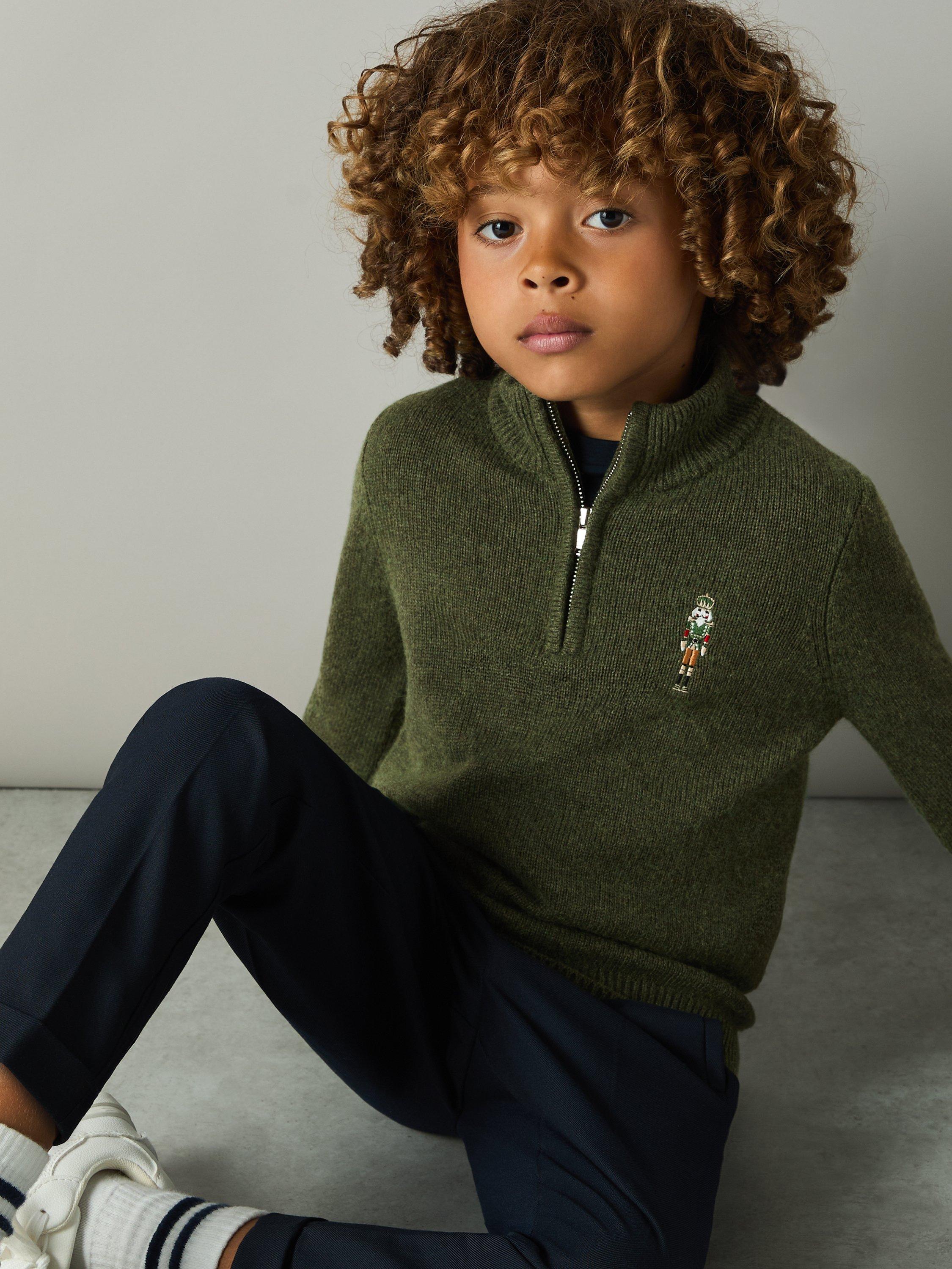 Reiss Kids' Arden Nutcracker Embroidered Half Zip Jumper, Forest Green