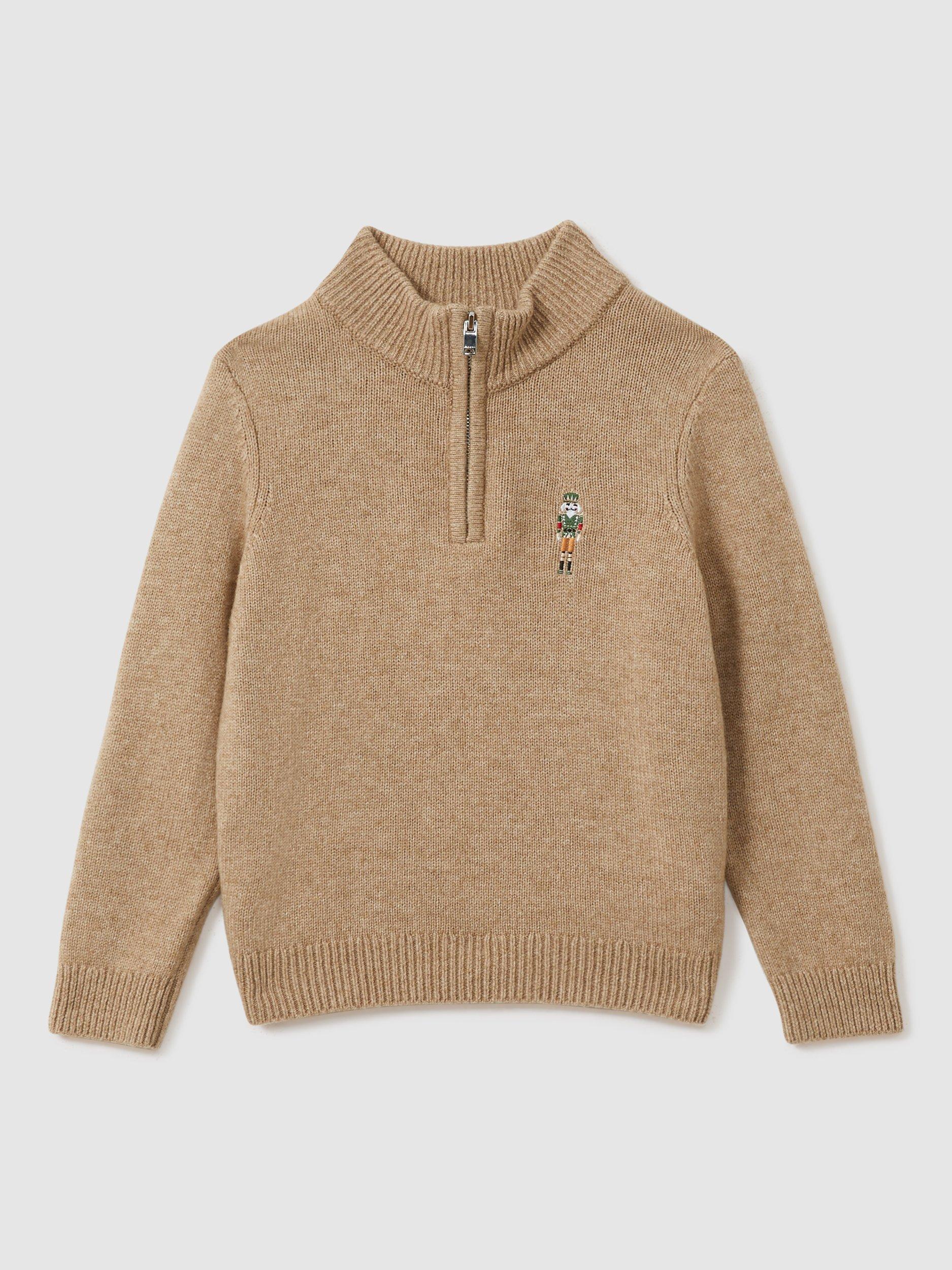 Reiss Kids' Arden Nutcracker Embroidered Half Zip Jumper, Camel Brown Melange