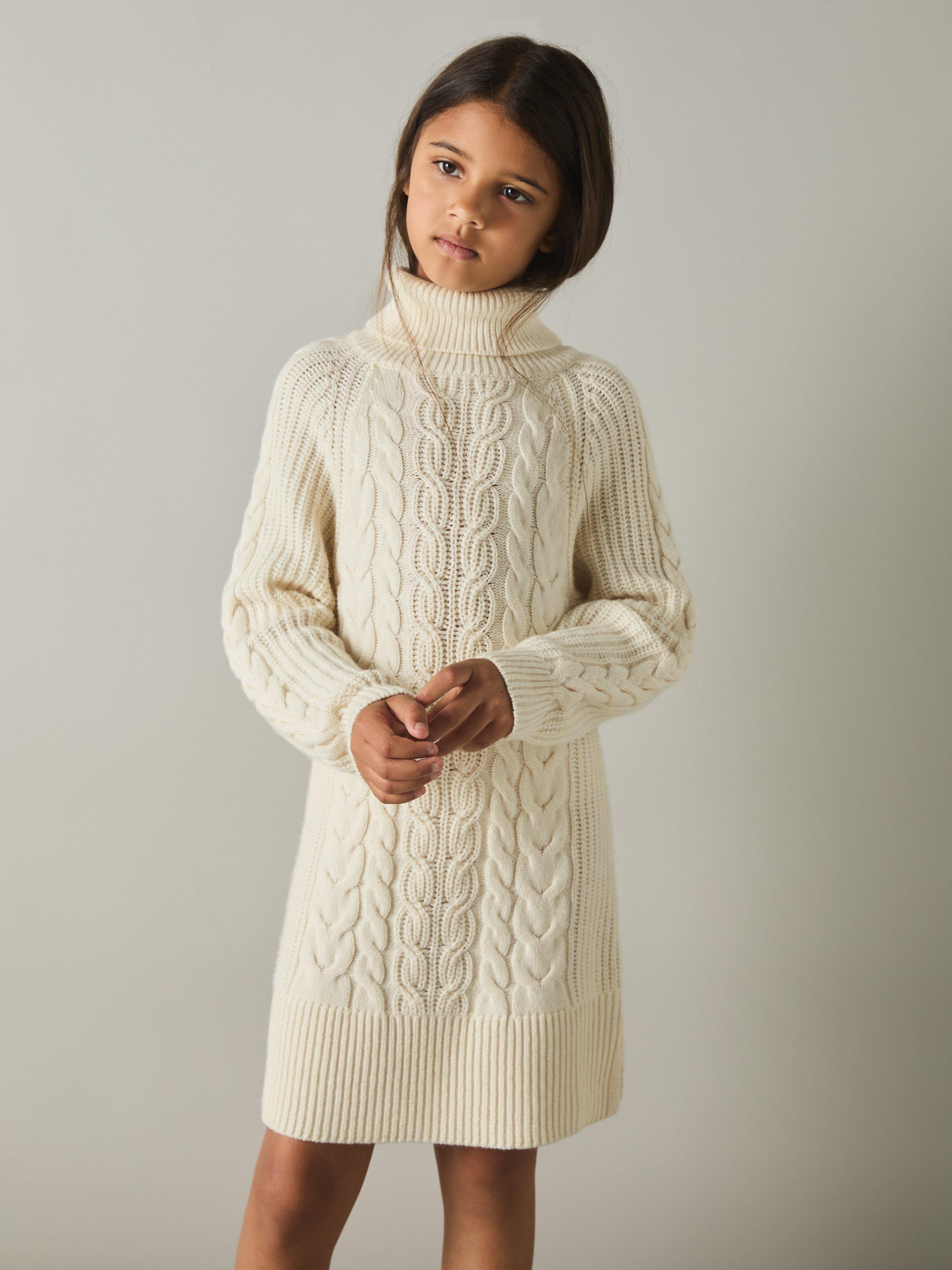 Product image 1 of 4, which shows Reiss Kids' Mimi Wool Blend Roll Neck Jumper Dress, Cream, 5-6 years